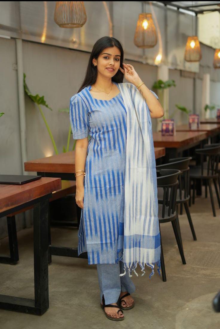 Kayal( pepsiblue ) - ikkat handloom cotton suit set with dupatta in pepsi blue colour