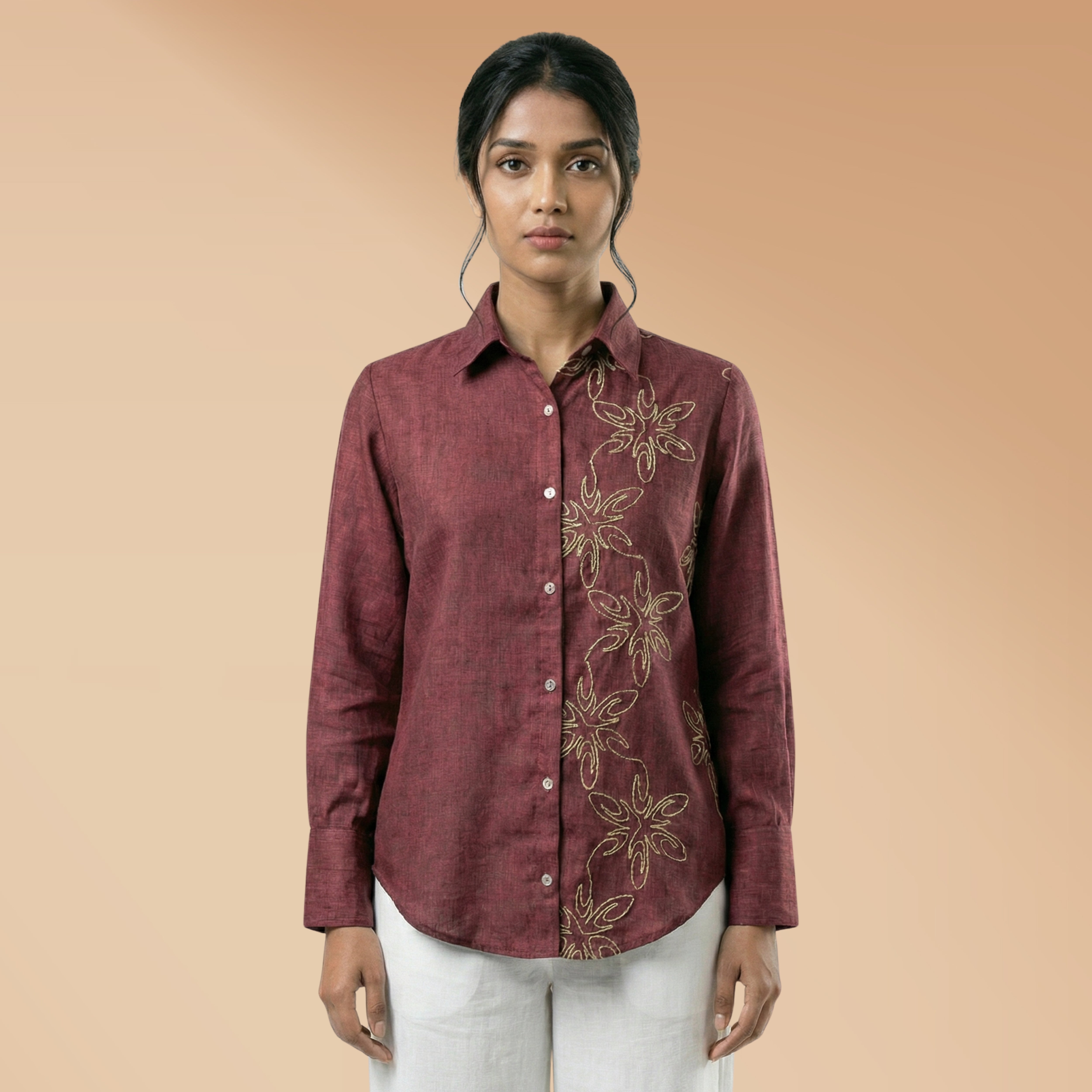 Women Linen shirt 3 - linen cotton shirt marooncolour with hand embroidery
