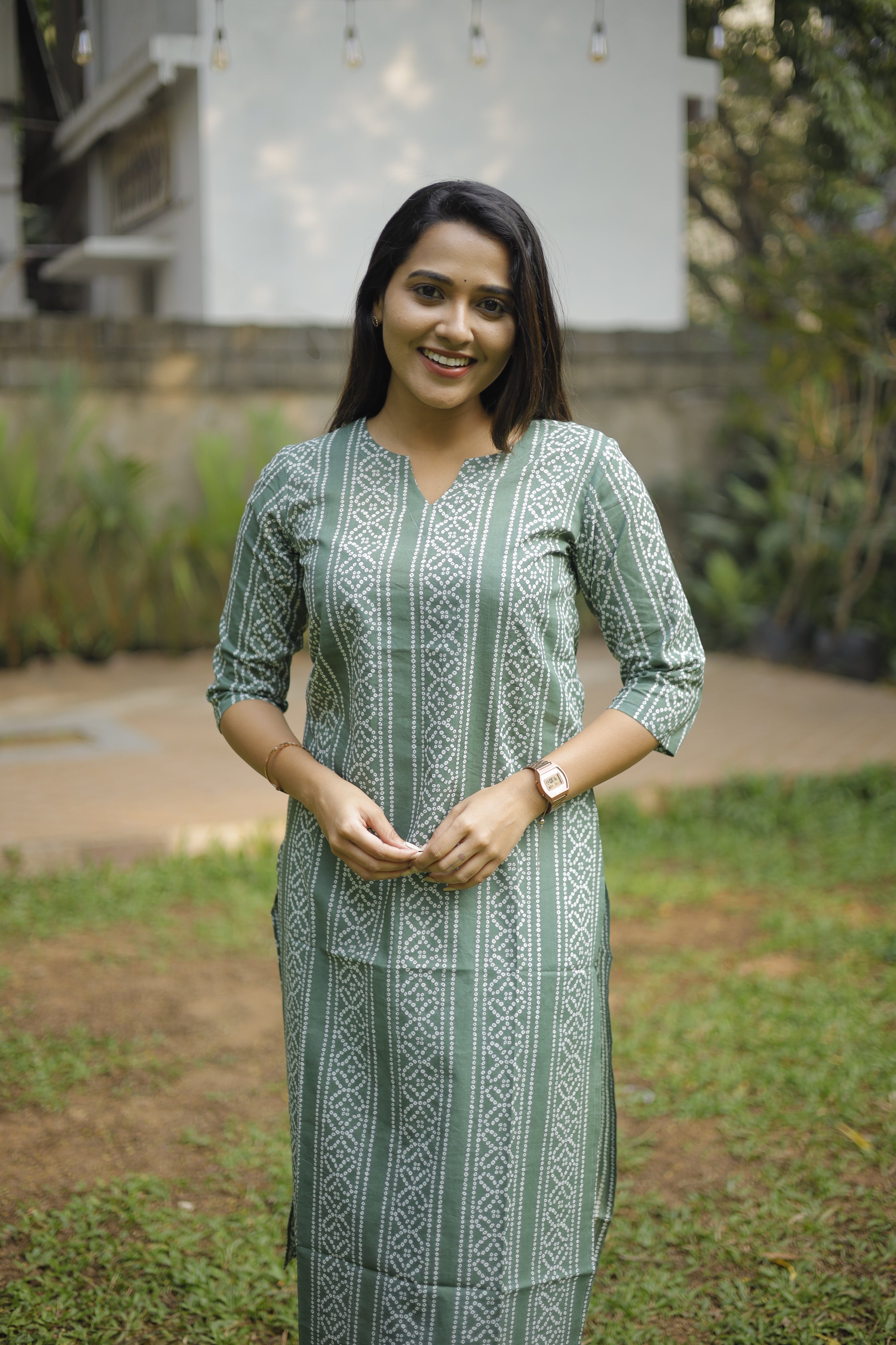 Kurti -127 - bandhani printed cotton kurti in green and white