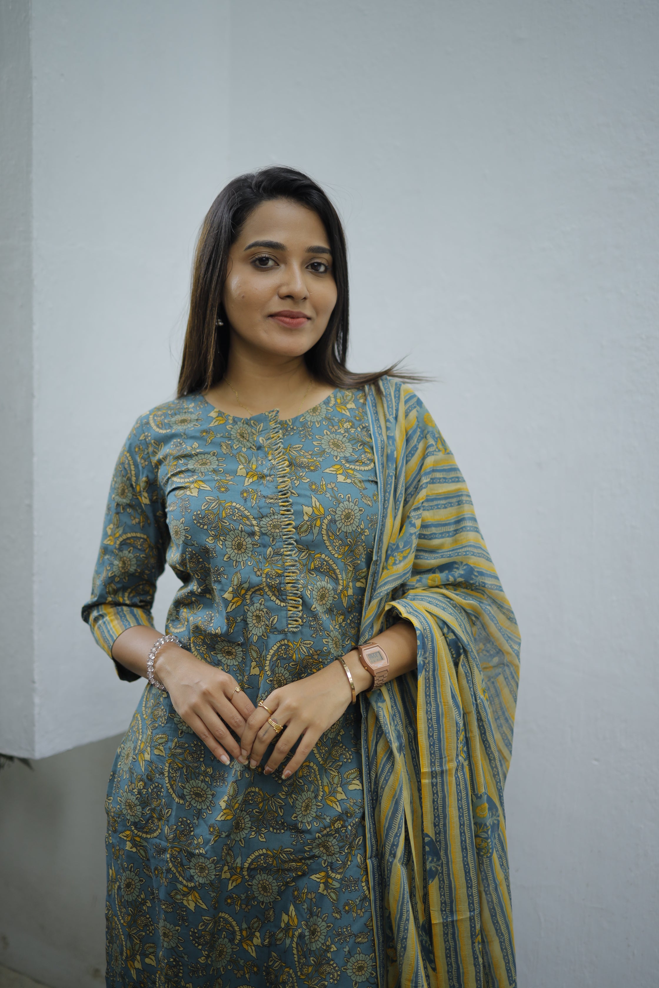 Ekha - jaal hand block printed cotton suit set in blue & yellow