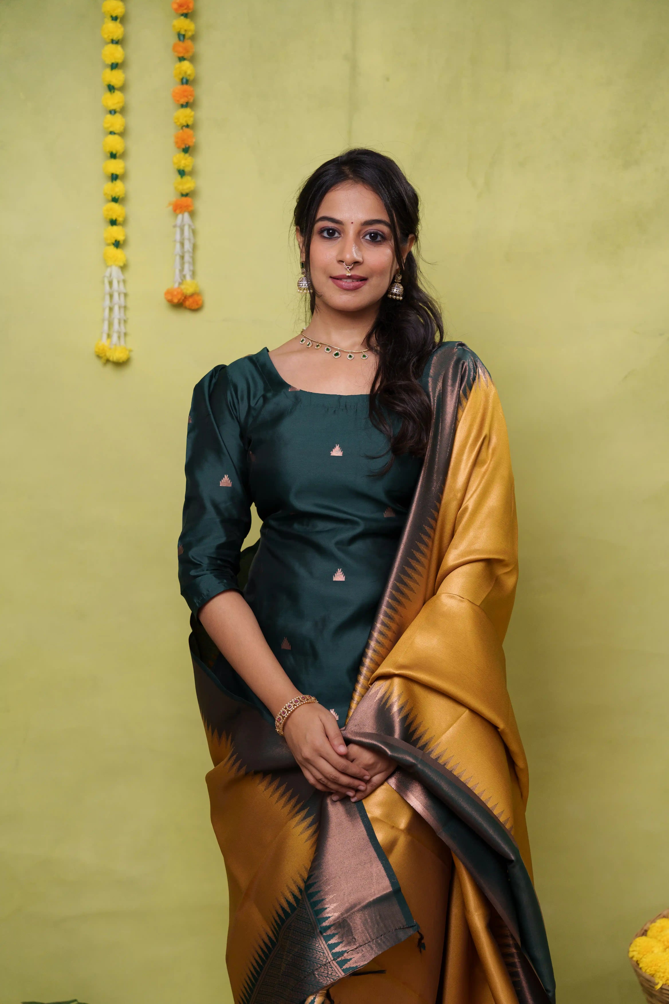 Vruksha Sunlit Emerald - green vegan silk suit with yellow dupatta with temple border