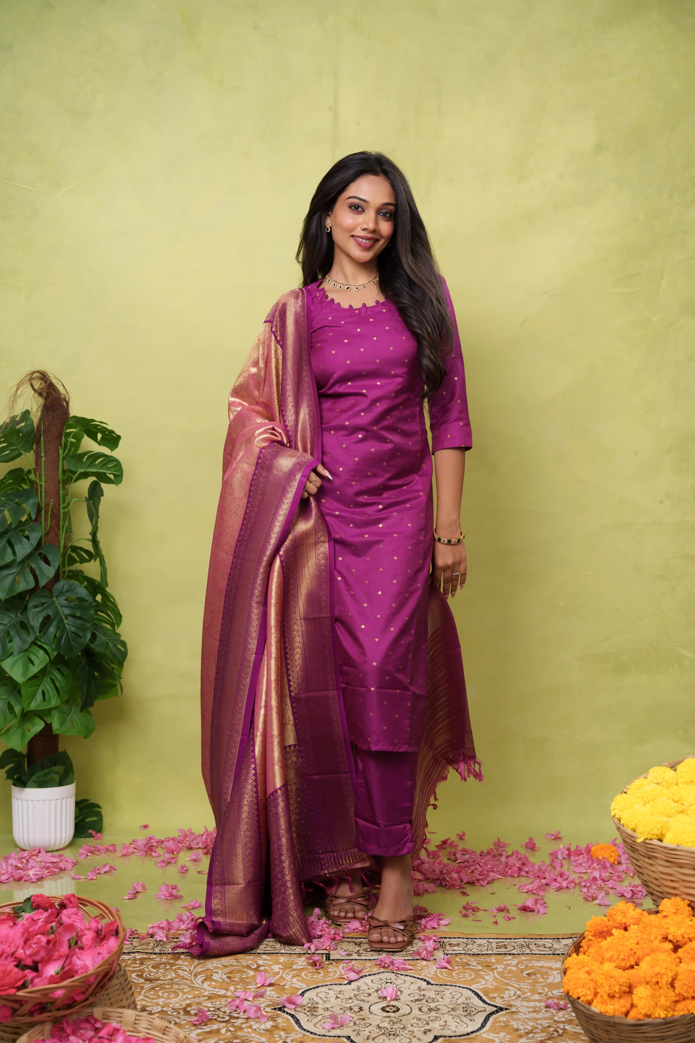 Vivahika - vegan silk suit set with tissue silk dupatta in magenta