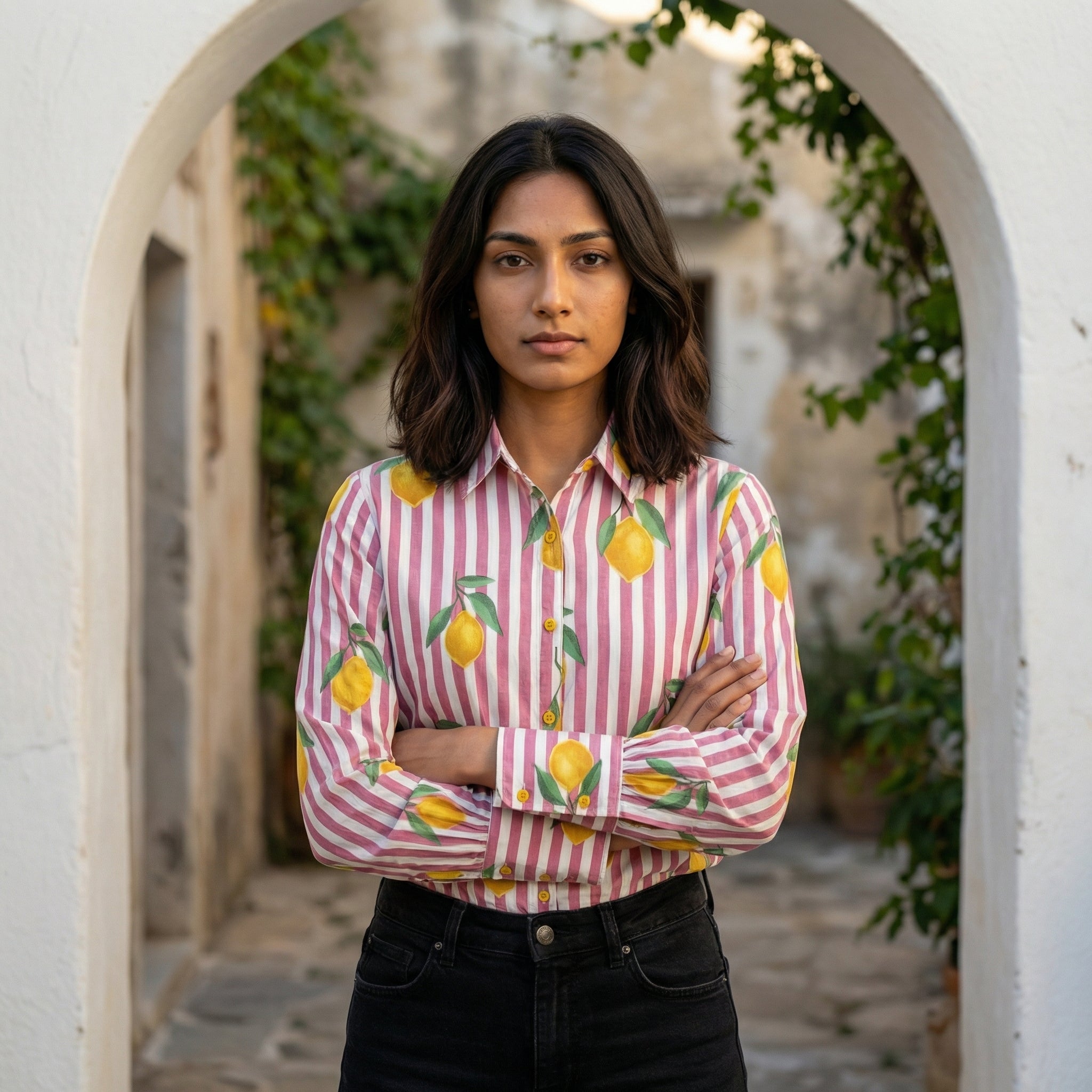 Women's shirt 41- Lemon printed organic cotton shirt in pink