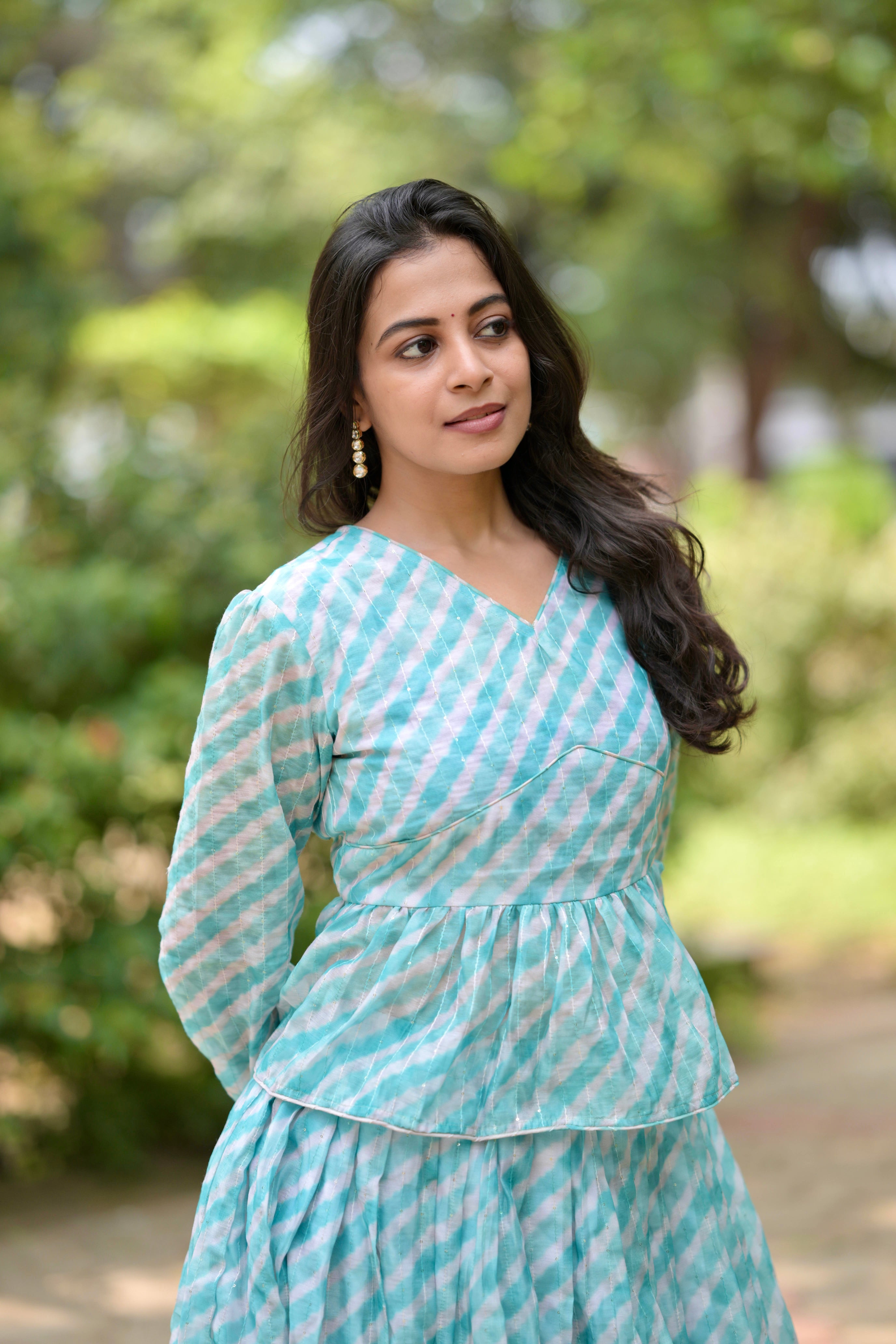 Lekha - lehriya chanderi silk peplum skirt set in sea green colour