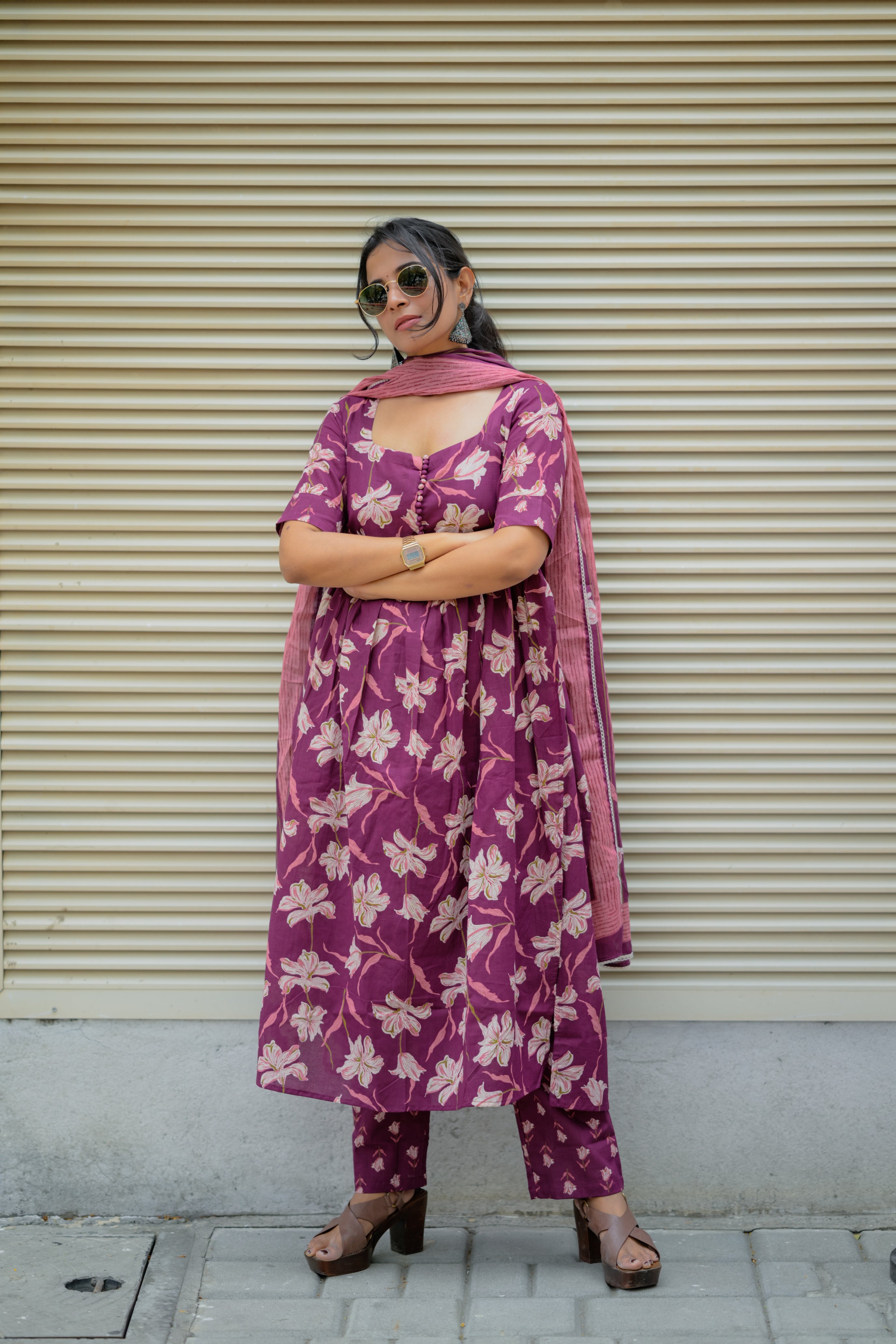 Aaradhana wine - organic cotton tulip anarkali suit set in wine