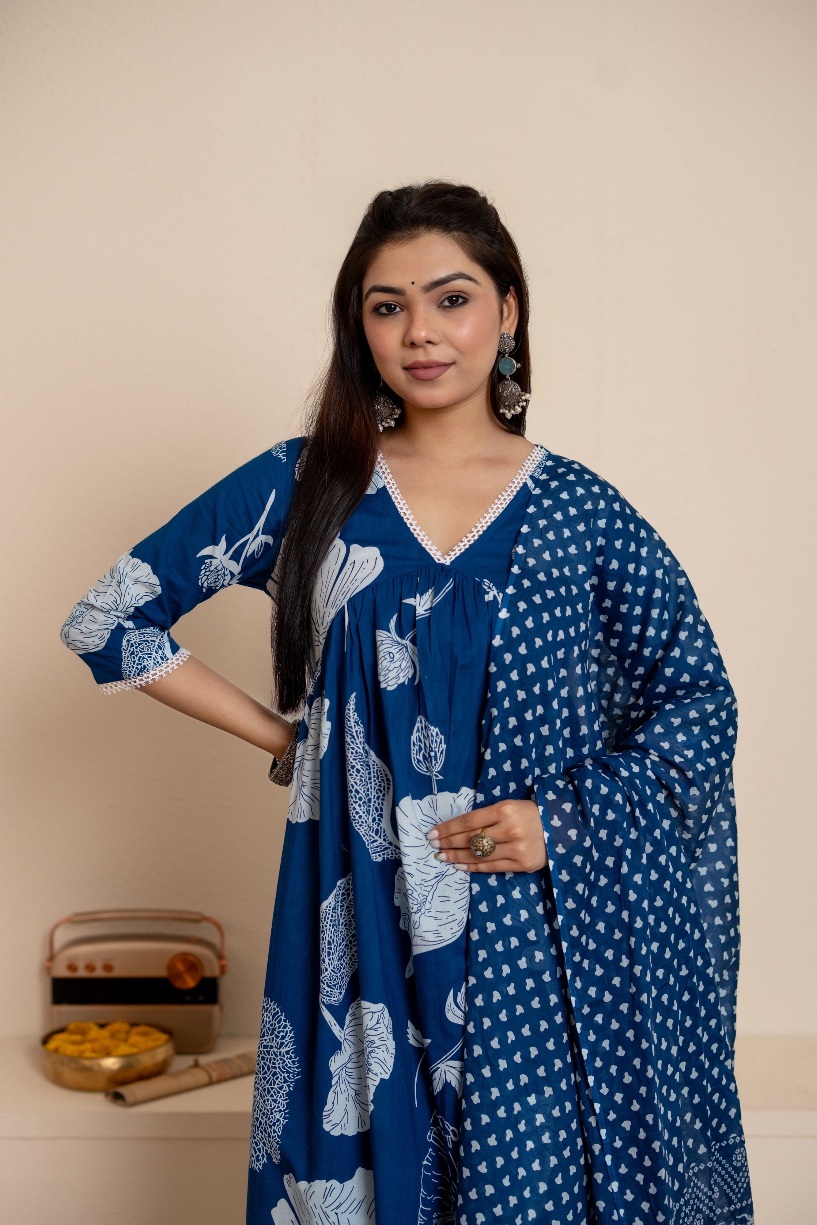 Sunaina - jaal handblock printed anarkali suit set in blue