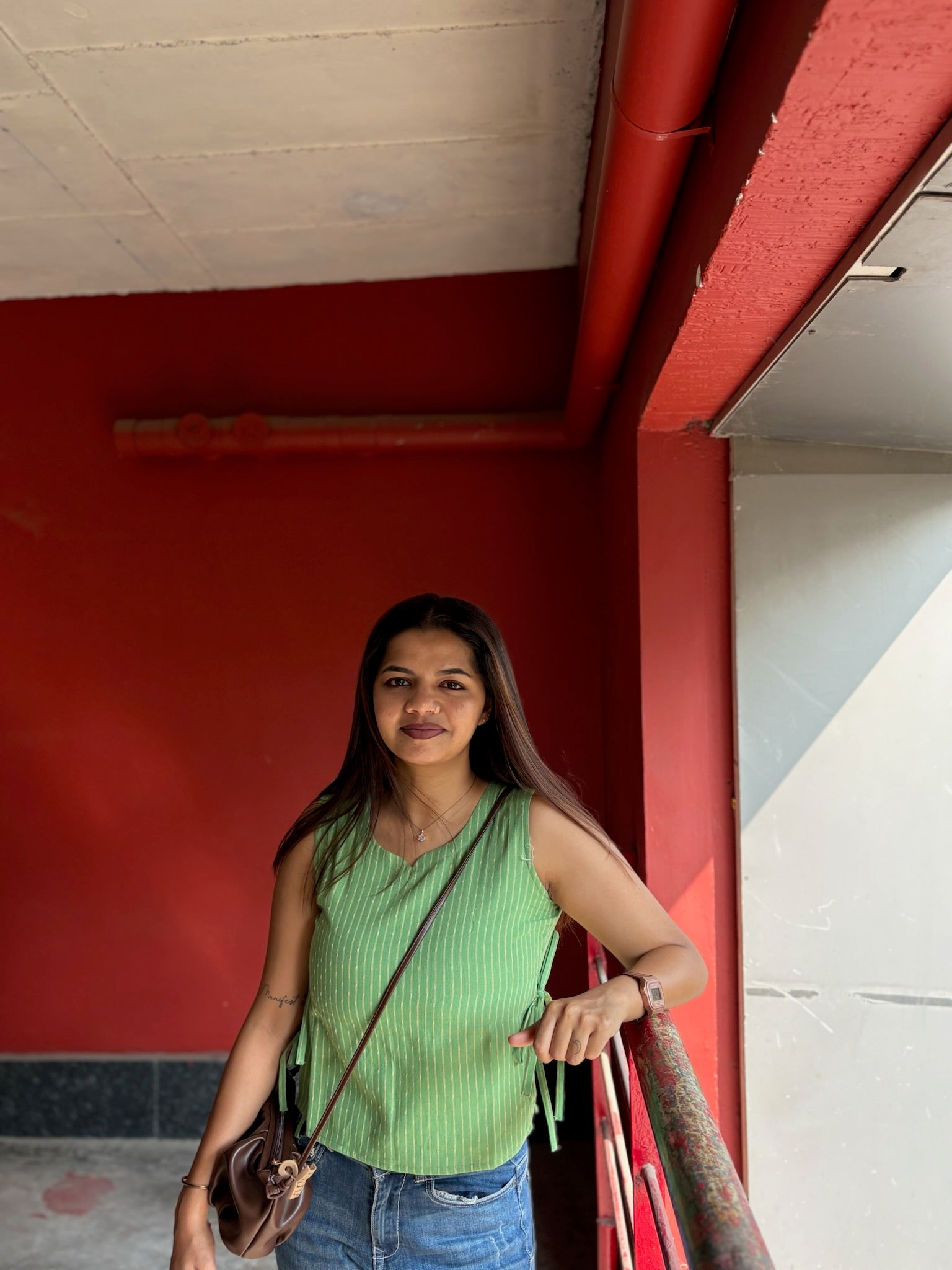 Crop top #5 - stripes printed organic top in green