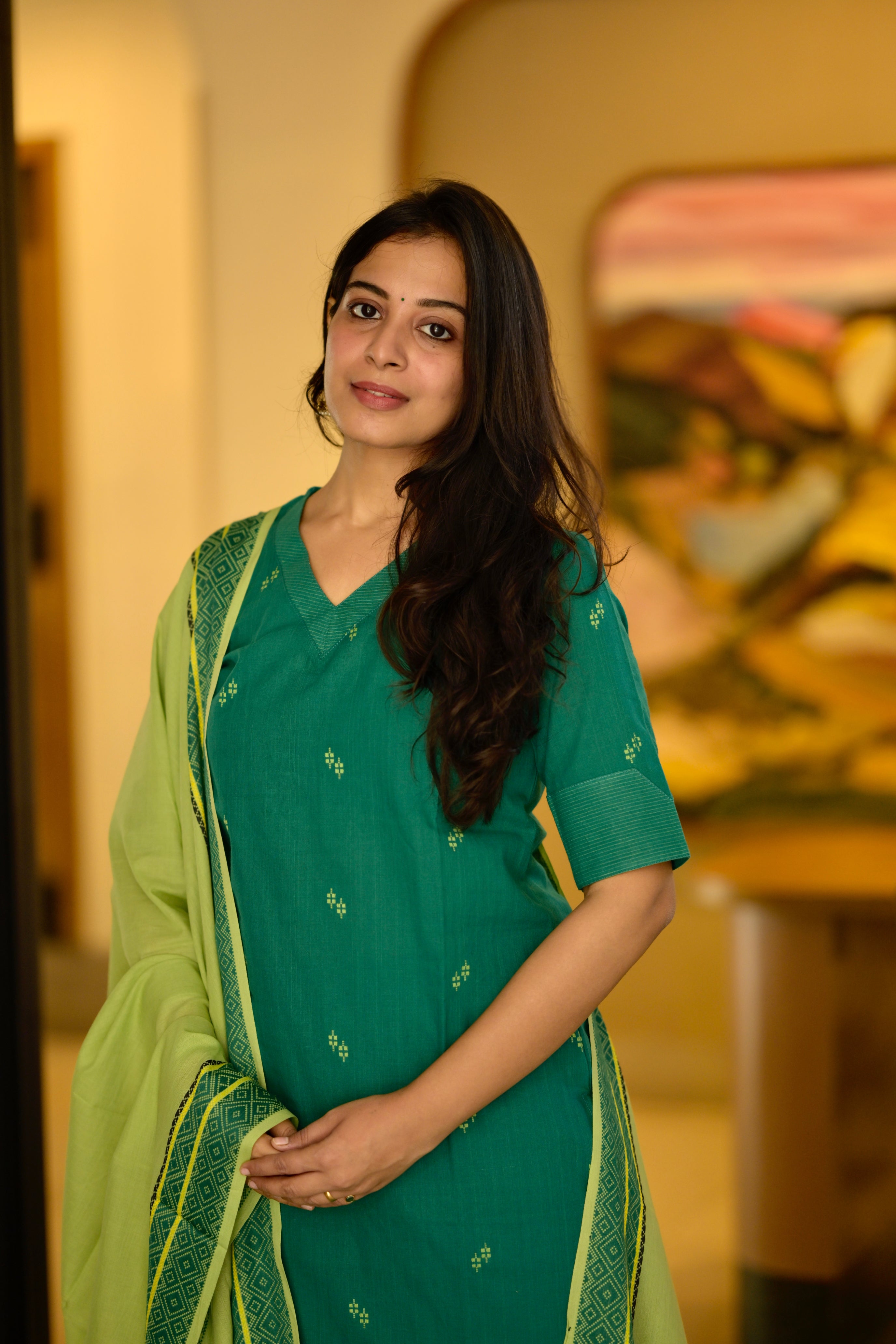 Mohini ( green ) - organic handloom cotton suit set in green colour