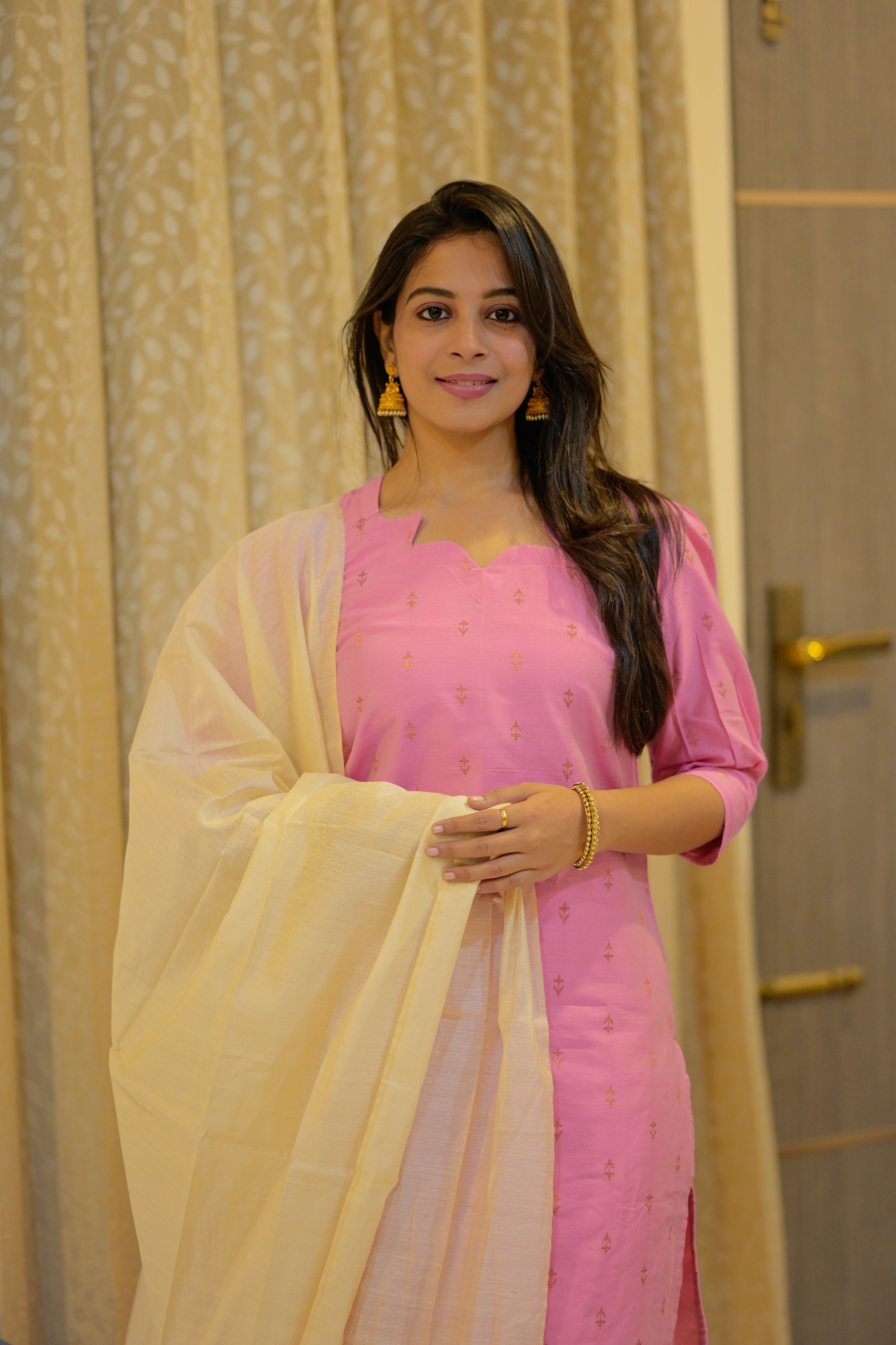 Kaveri (pink) - tussar like suit set in pink and white