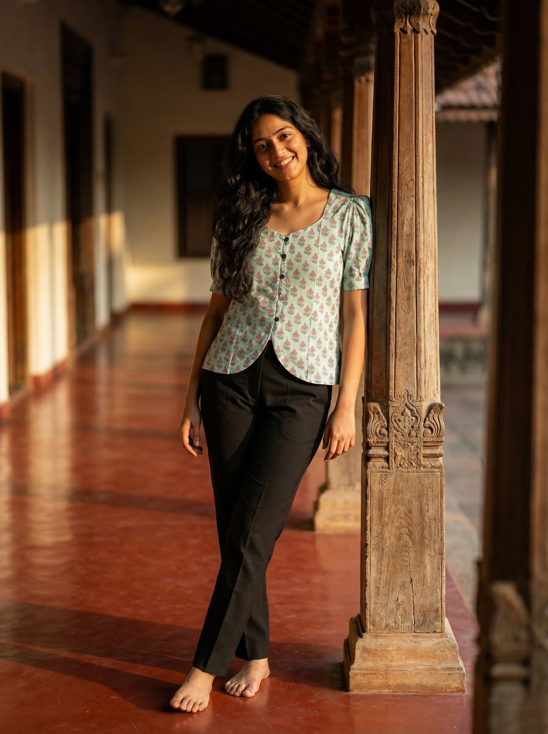 Crop top #43- handloom  organic cotton top in mint green  and shades of blue