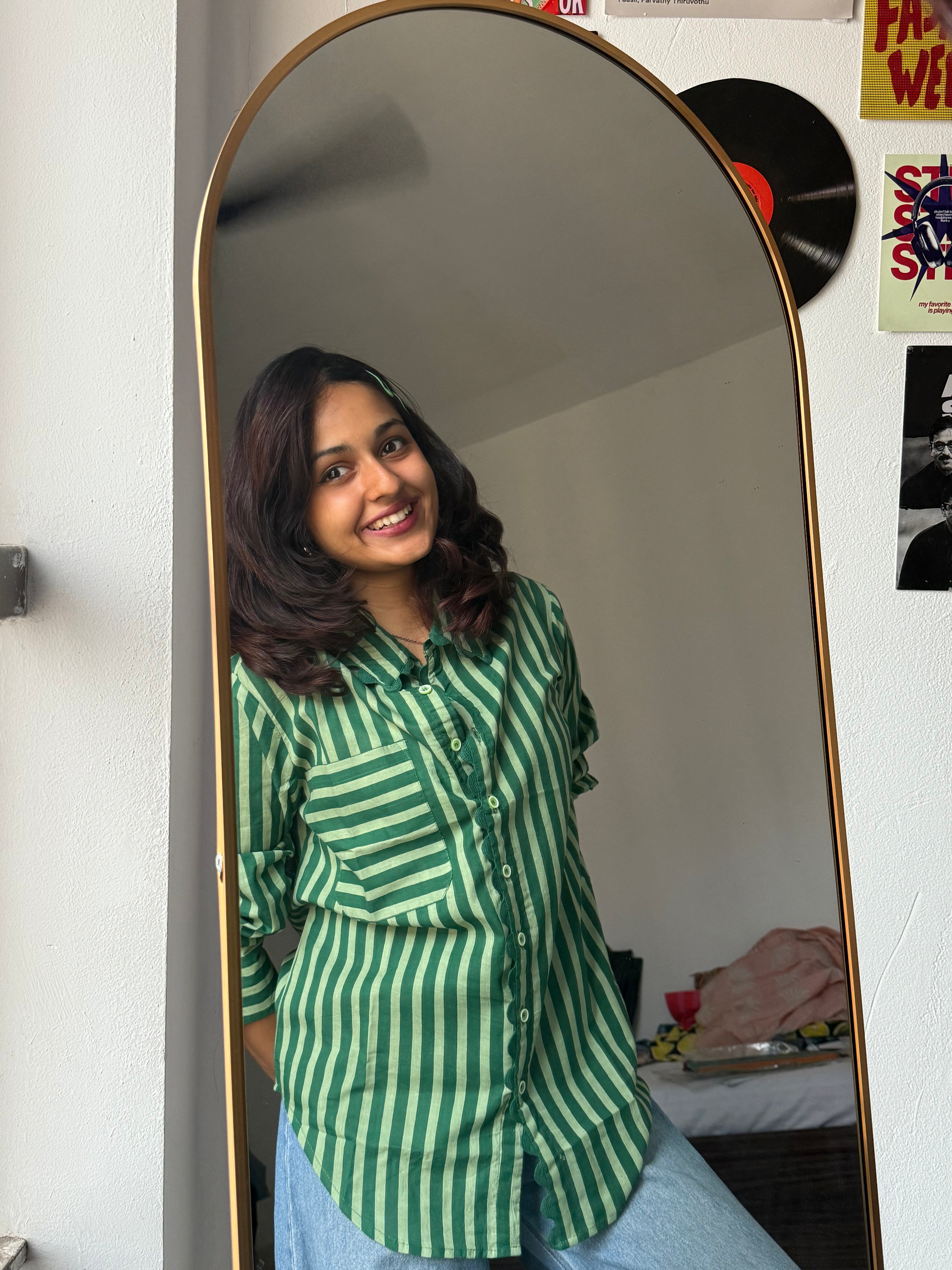 Women's shirt 5 - promenade stripes printed organic cotton shirt in emerald green with lace detailing