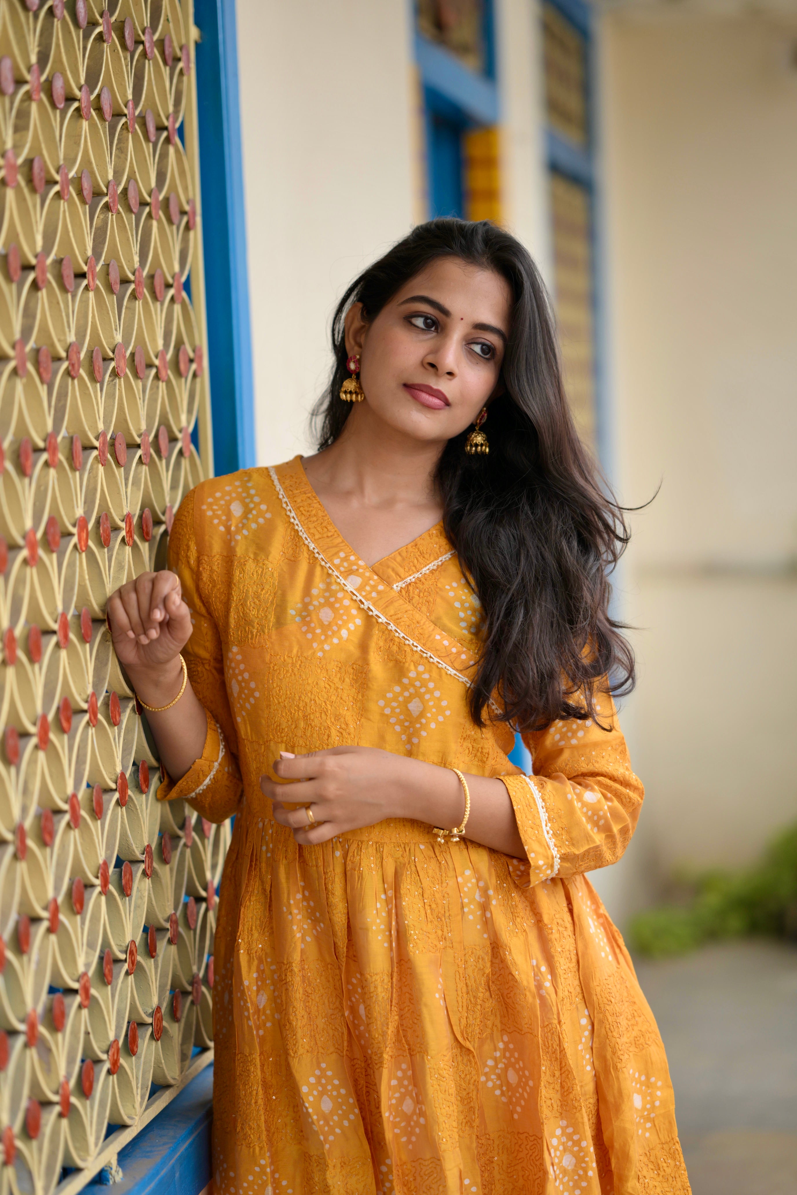 Samyuktha - muslin silk gown with hand embroidery in golden yellow