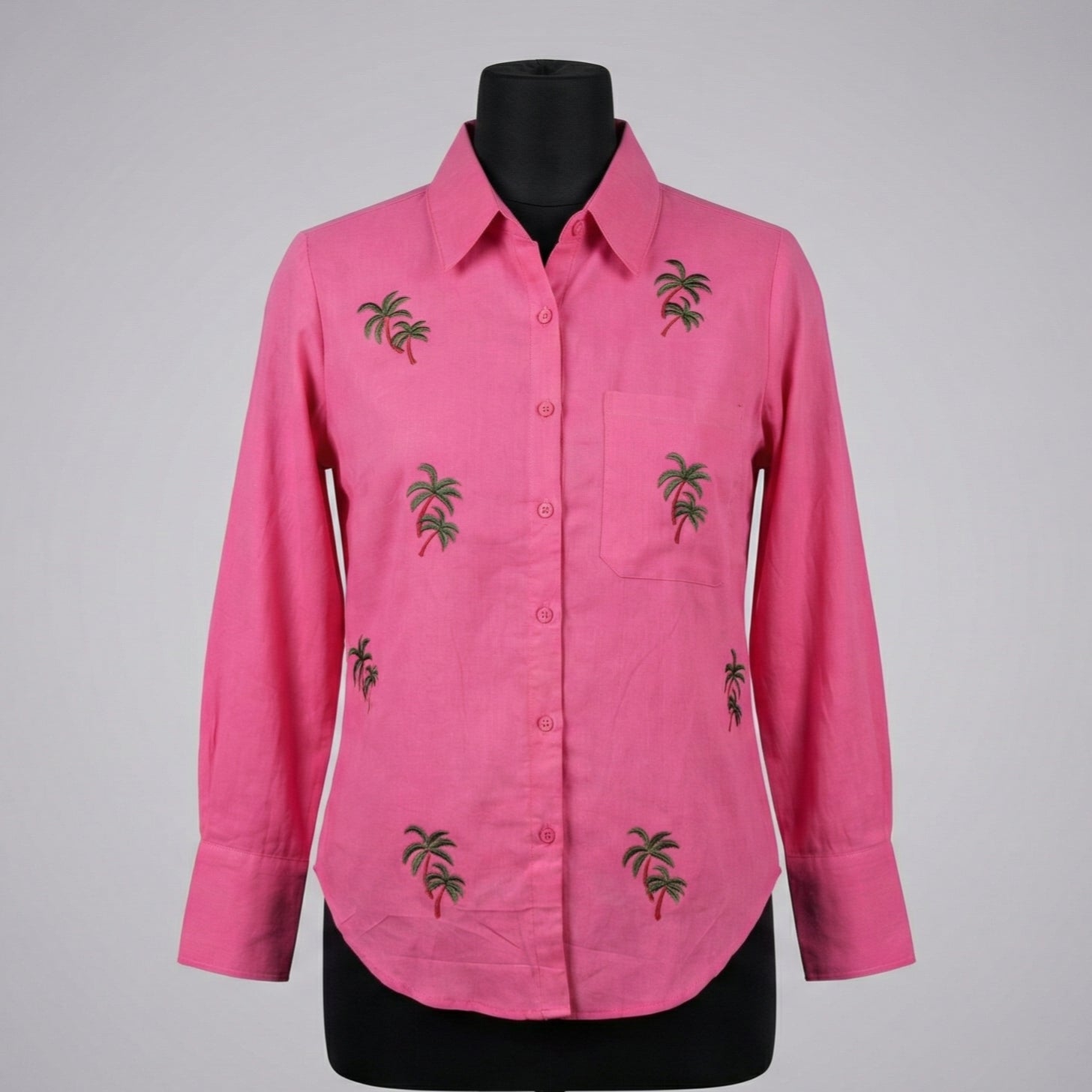 Embroidery shirt 6- Palm tree hand embroidered organic cotton shirt in hot pink