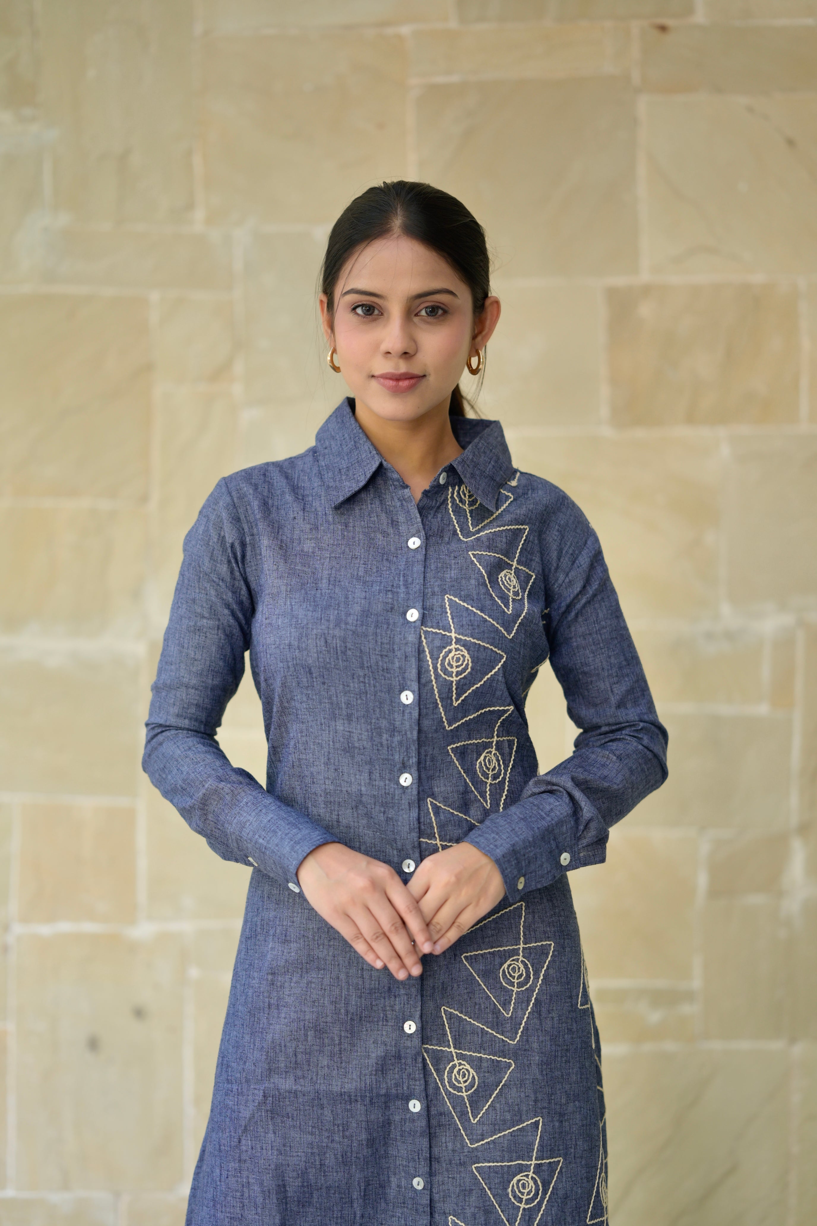 Women linen dress 1 - denim colour linen cotton dress with embroidery