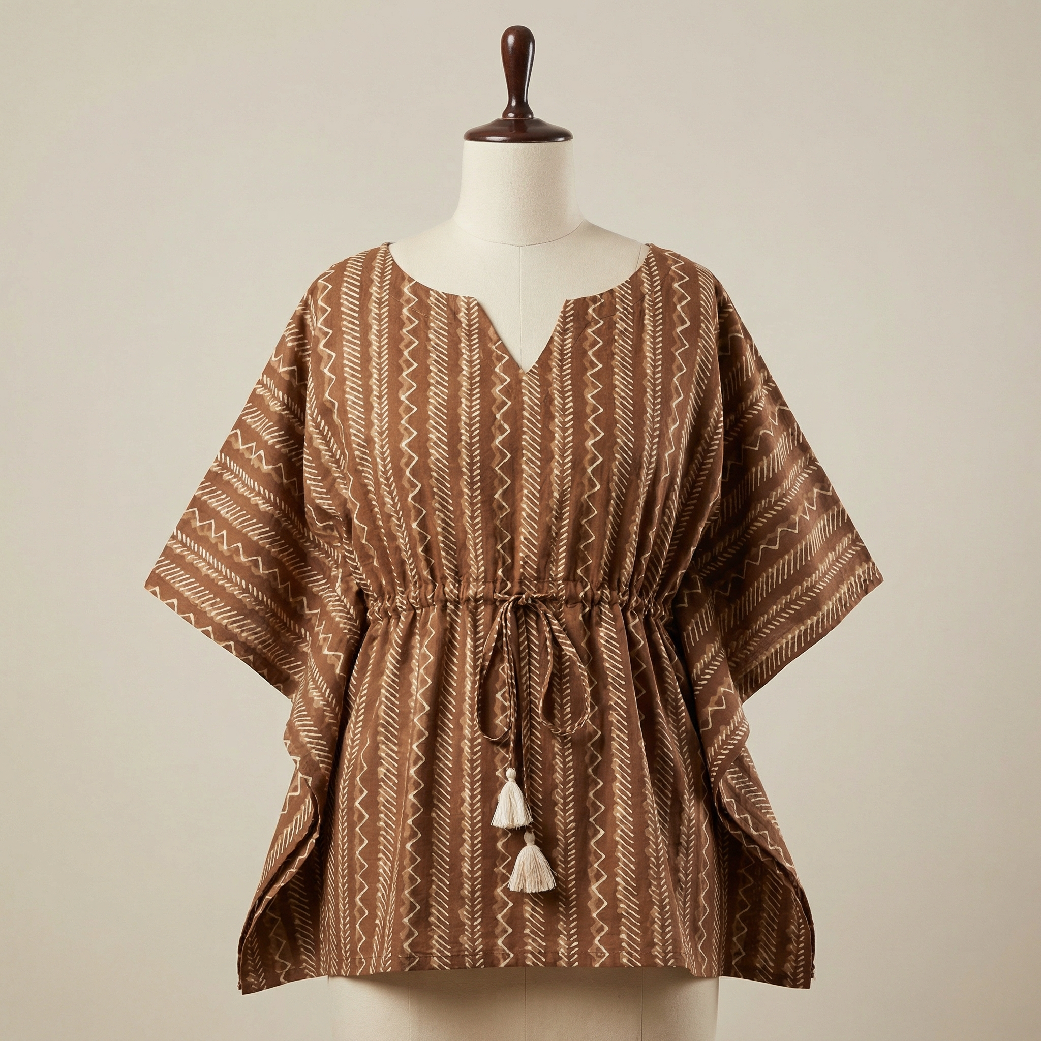 Kaftan Top #16- Zig zag and stripes printed organic cotton kaftan top in brown