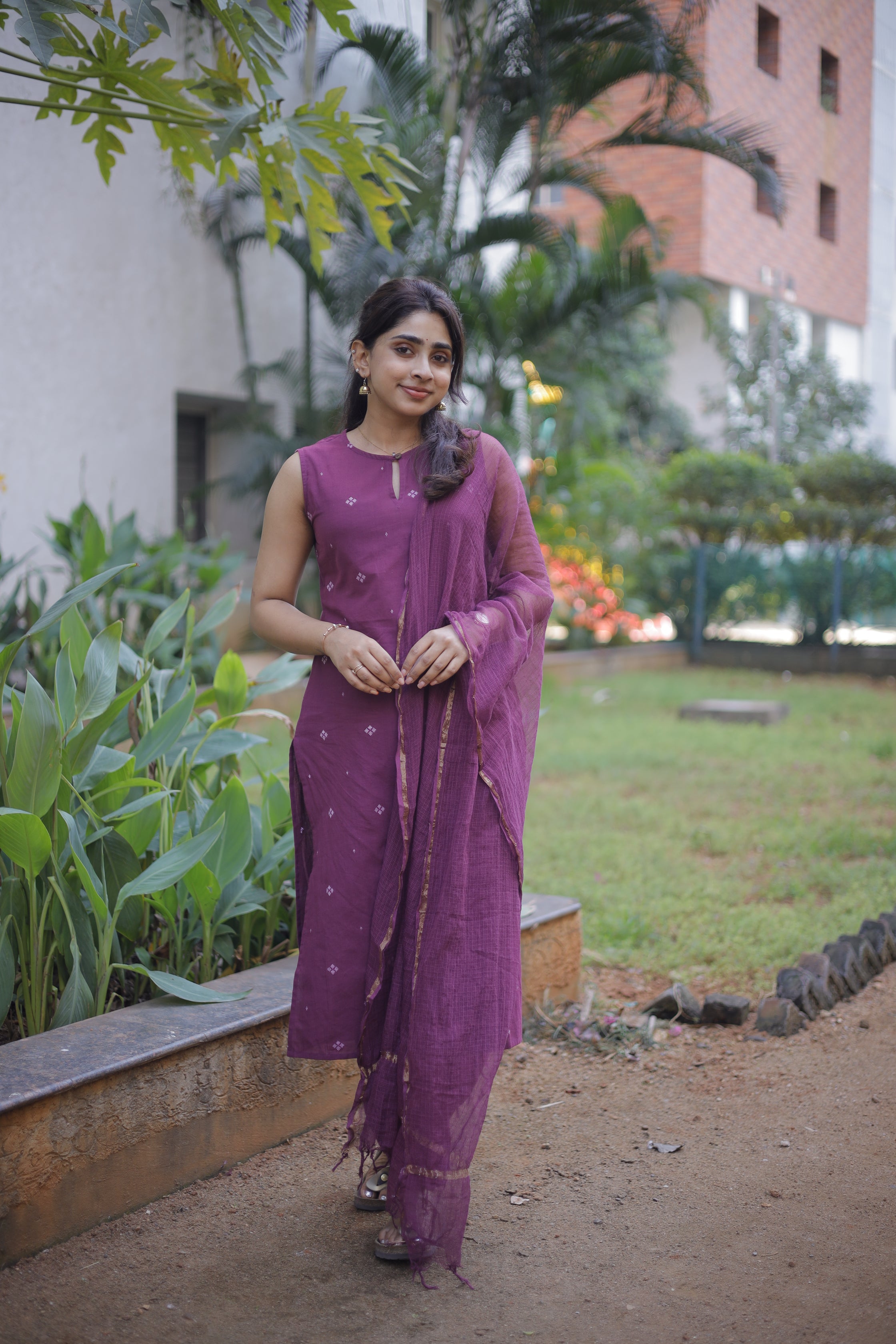 Shaili ( wine ) - handloom cotton suit set with kota dupatta in wine colour