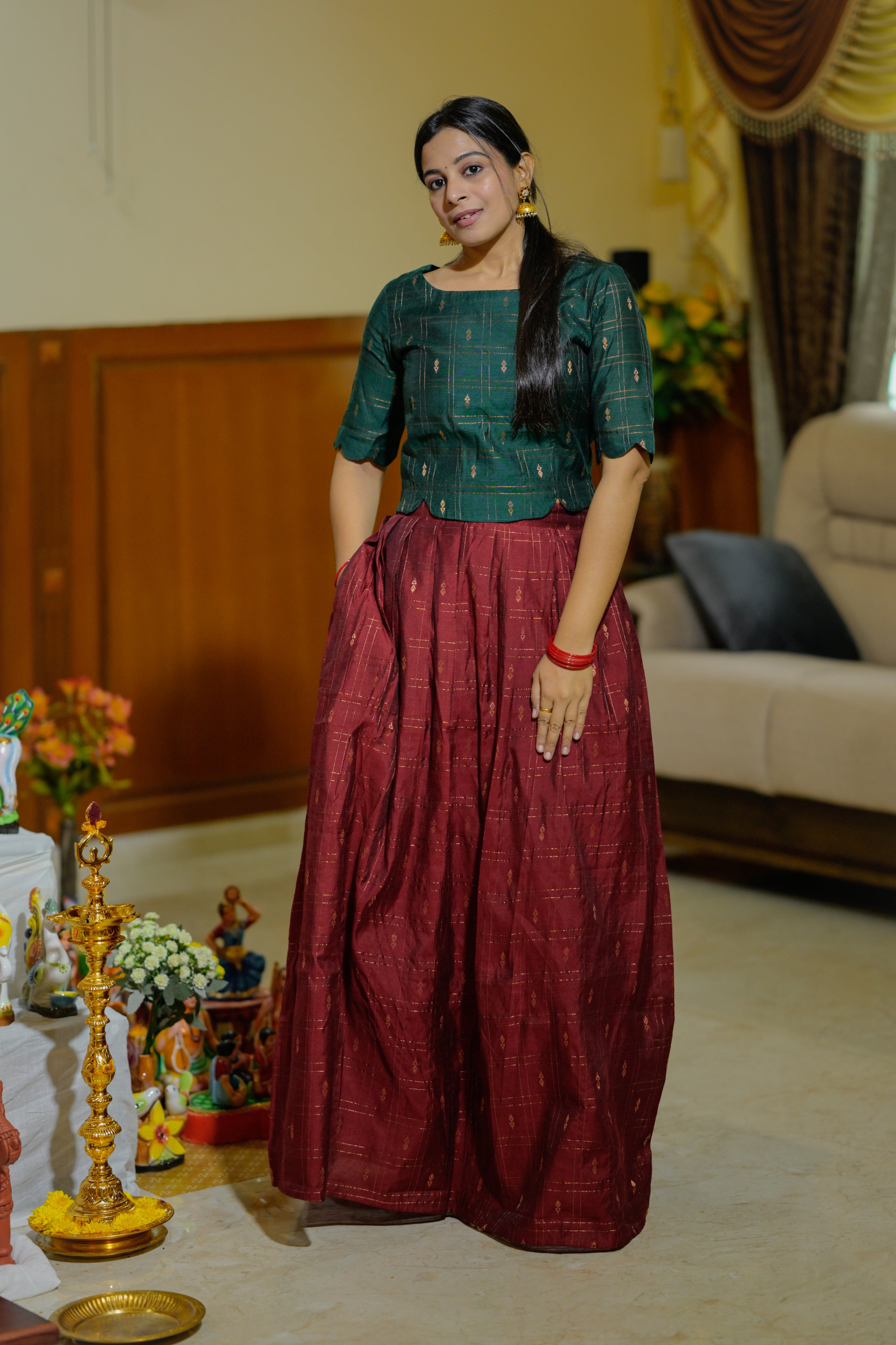 Mahalakshmi ( skirt set ) - slub art silk skirt set in green and maroon