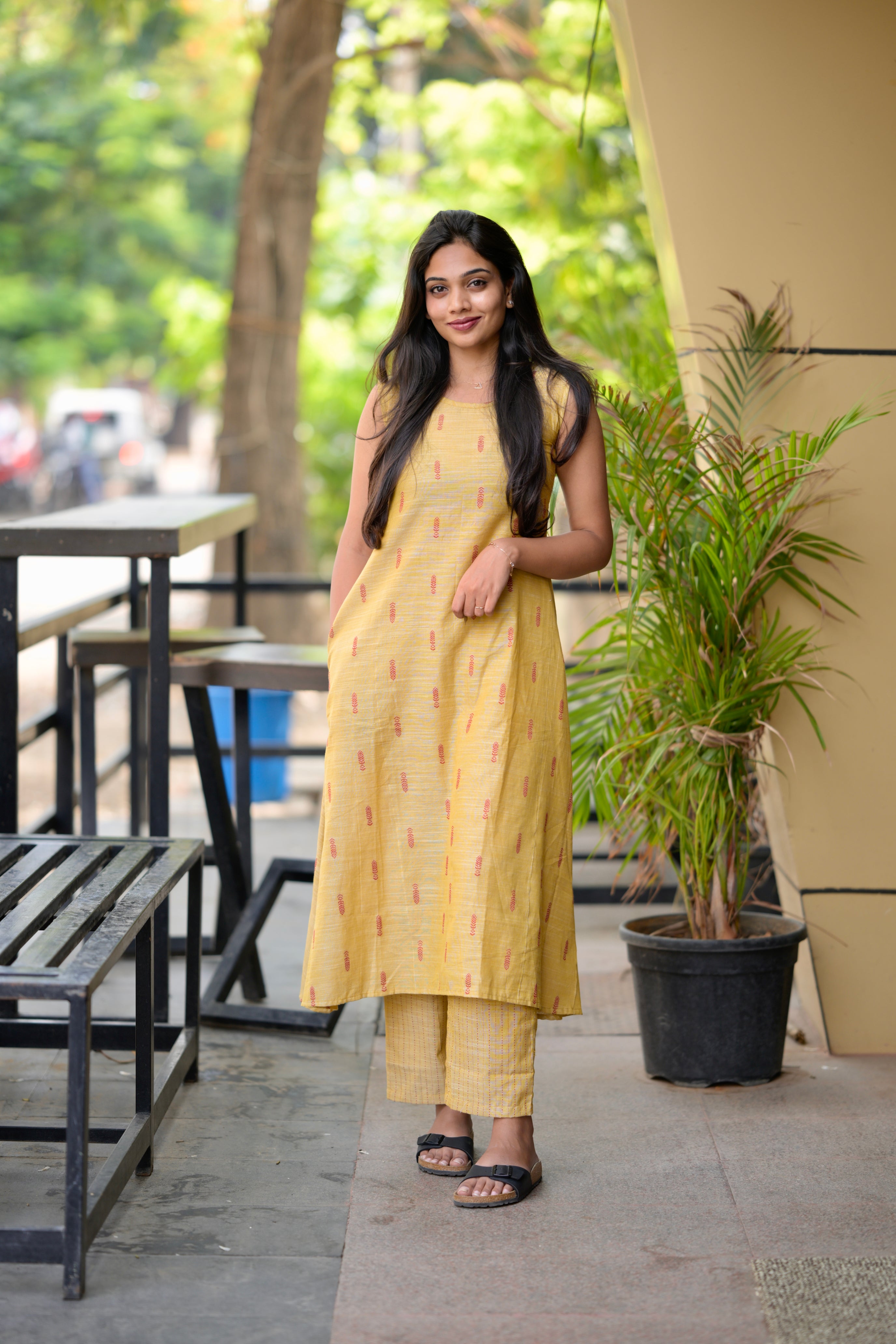 Inaya - yellow handloom linen kurta set with red heart tassels