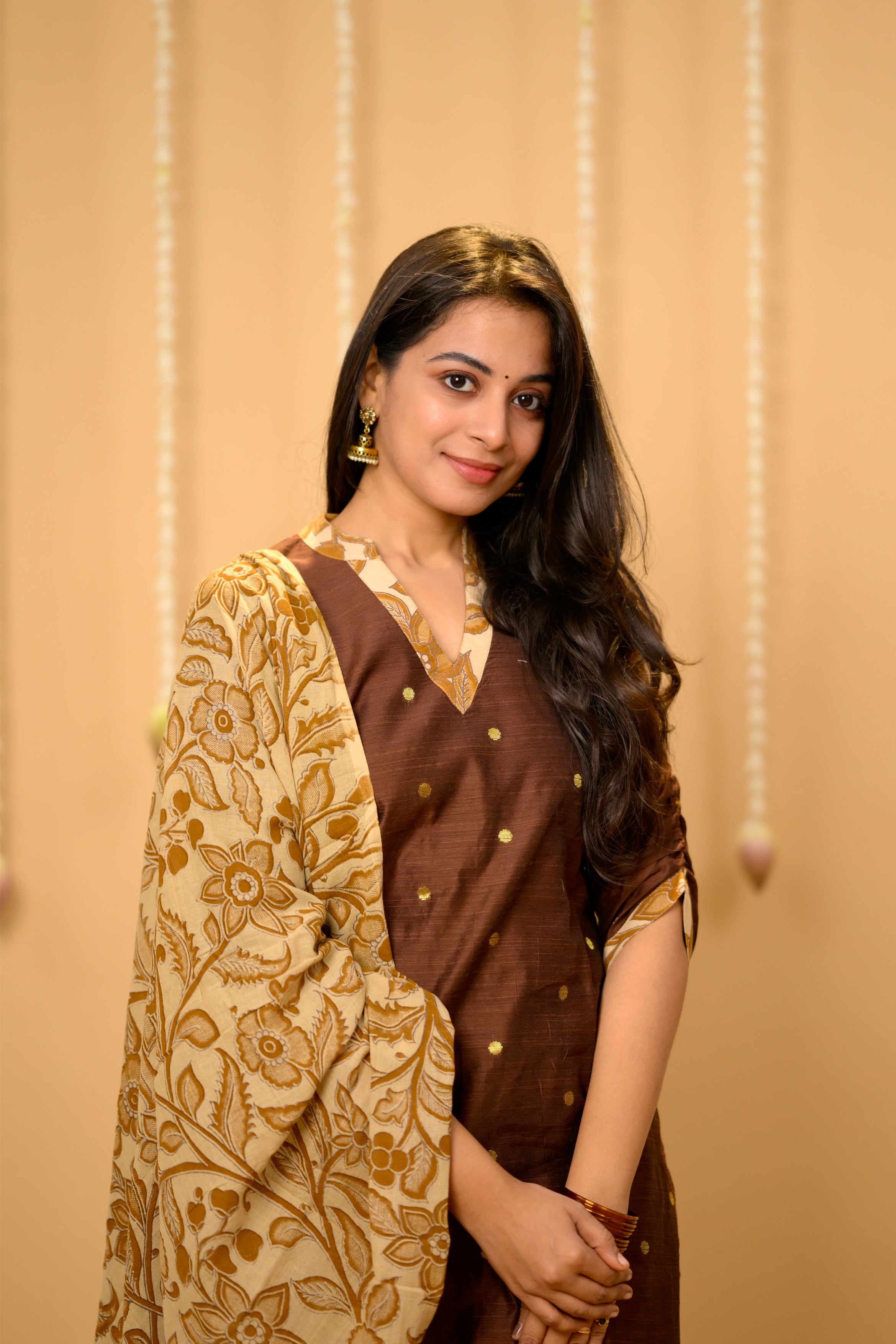 Kothai (brown) - handloom silk by cotton suit set with hand painted kalamkari dupatta in brown