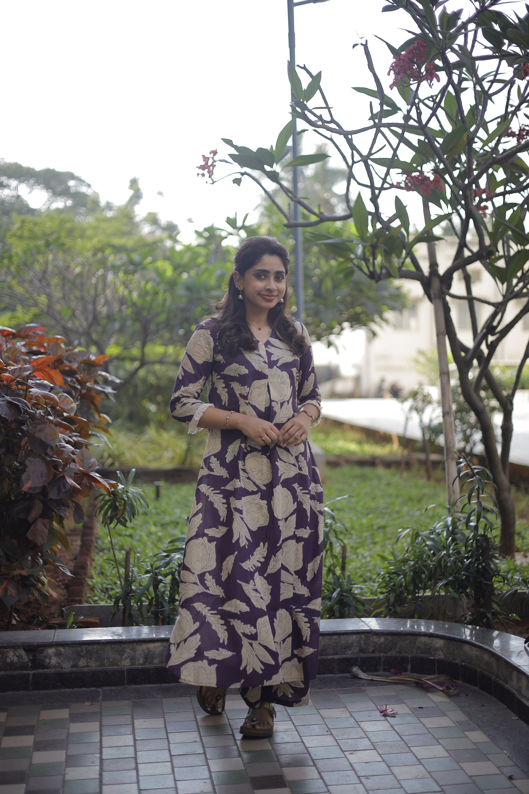 Sreshta (dark purple) - floral hand block printed cotton kurta set in dark purple