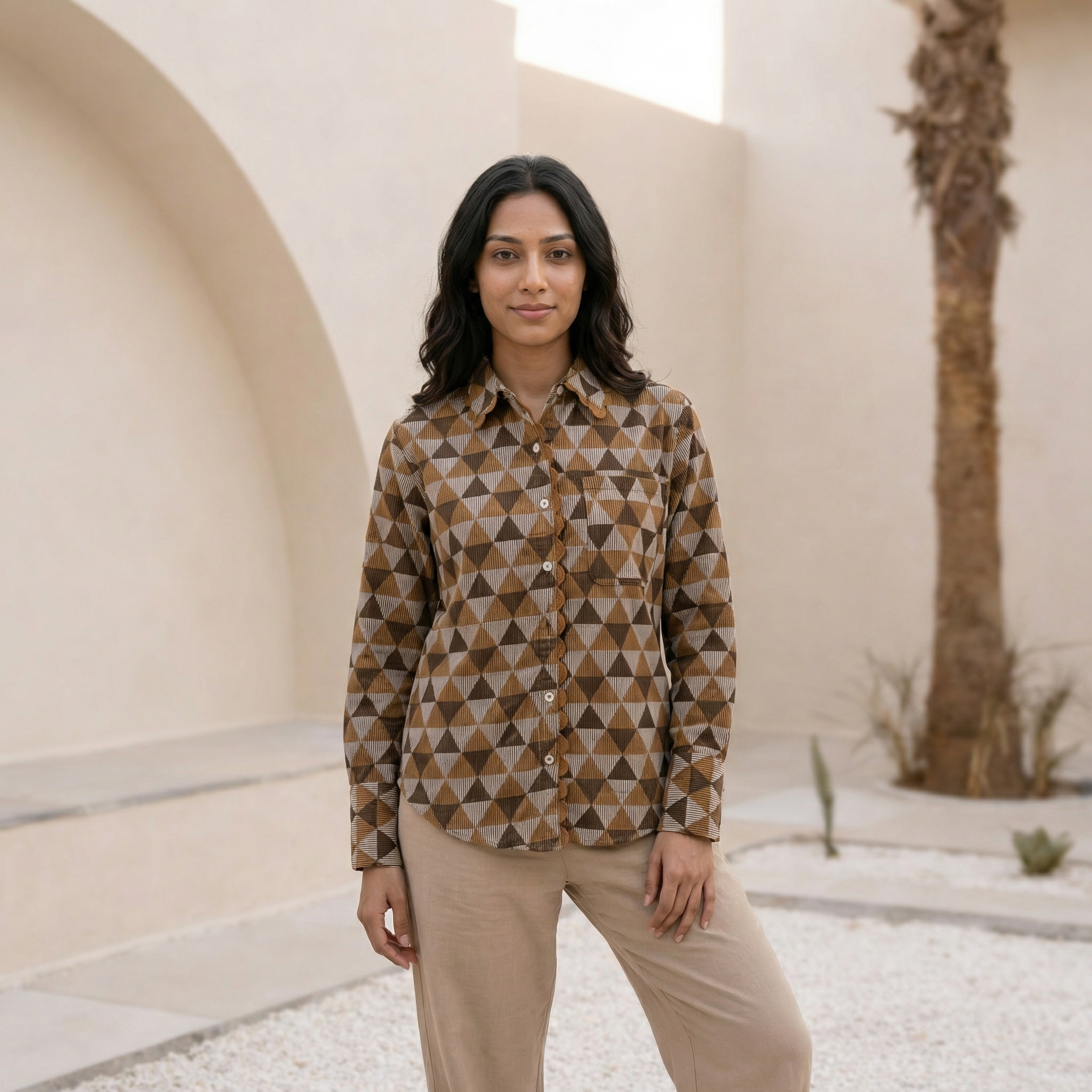Women's shirt 37-  Geometric pyramid printed organic cotton shirt with scallop detailing in brown