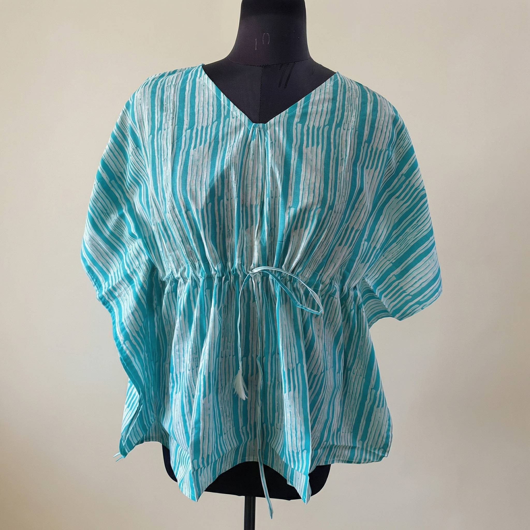 Kaftan Top #5- Stripes printed organic cotton kaftan top in sea blue