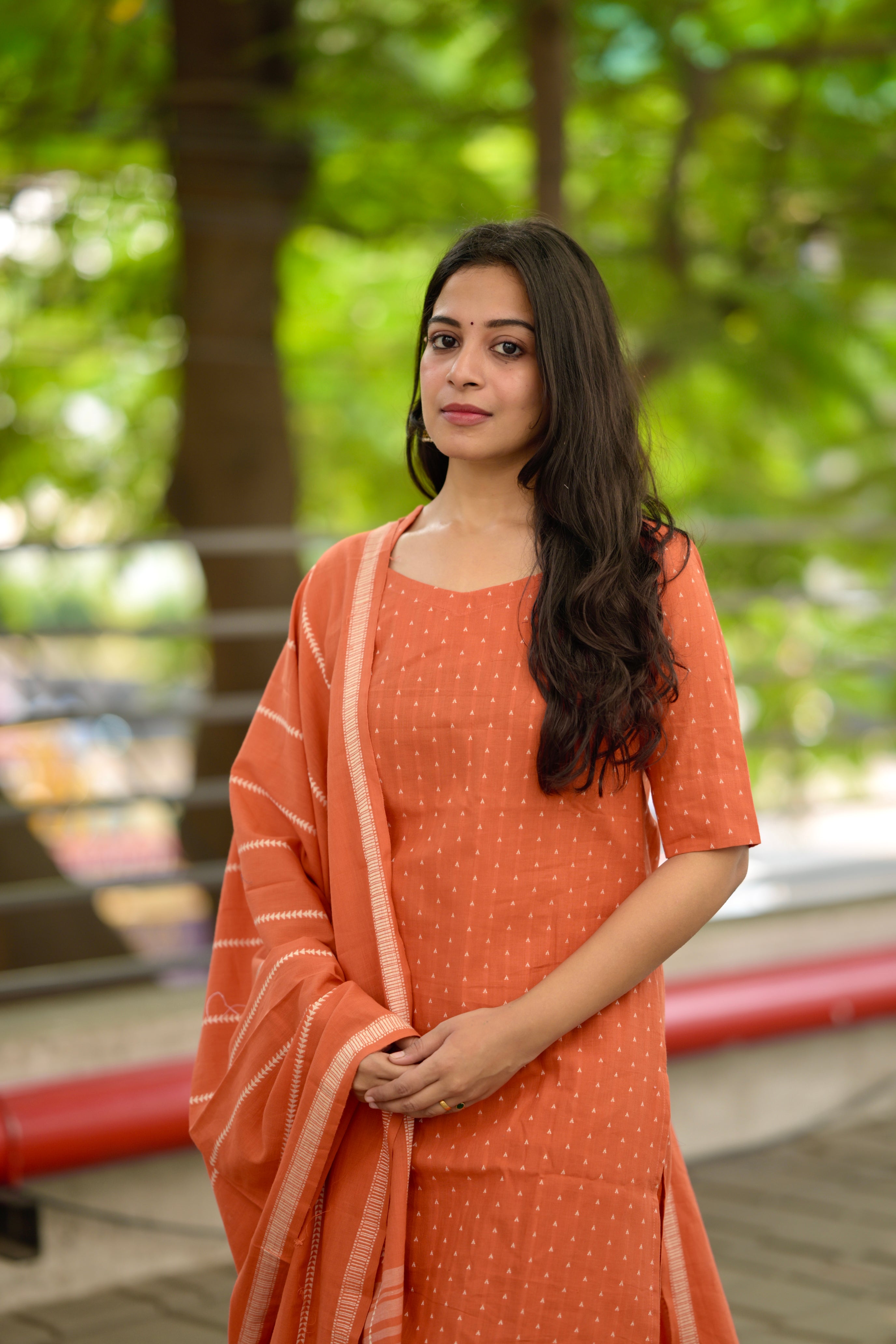 Amala (orange) - handloom cotton suit set in orange colour