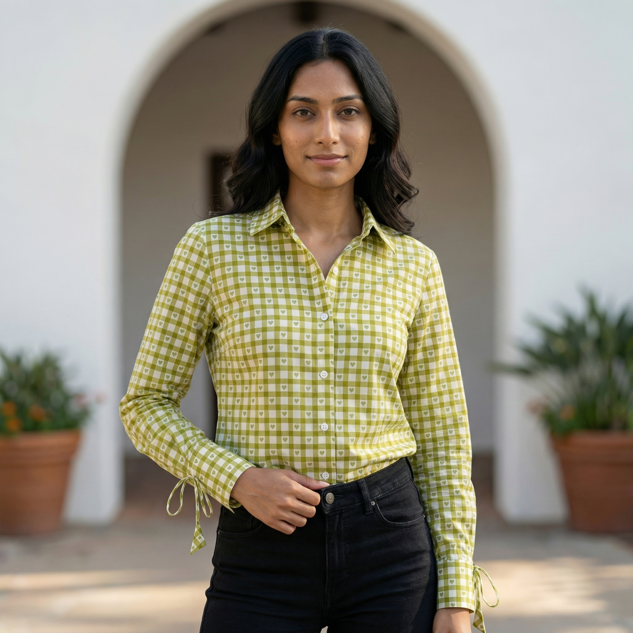 Women's shirt 40- check printed organic cotton shirt in lime green