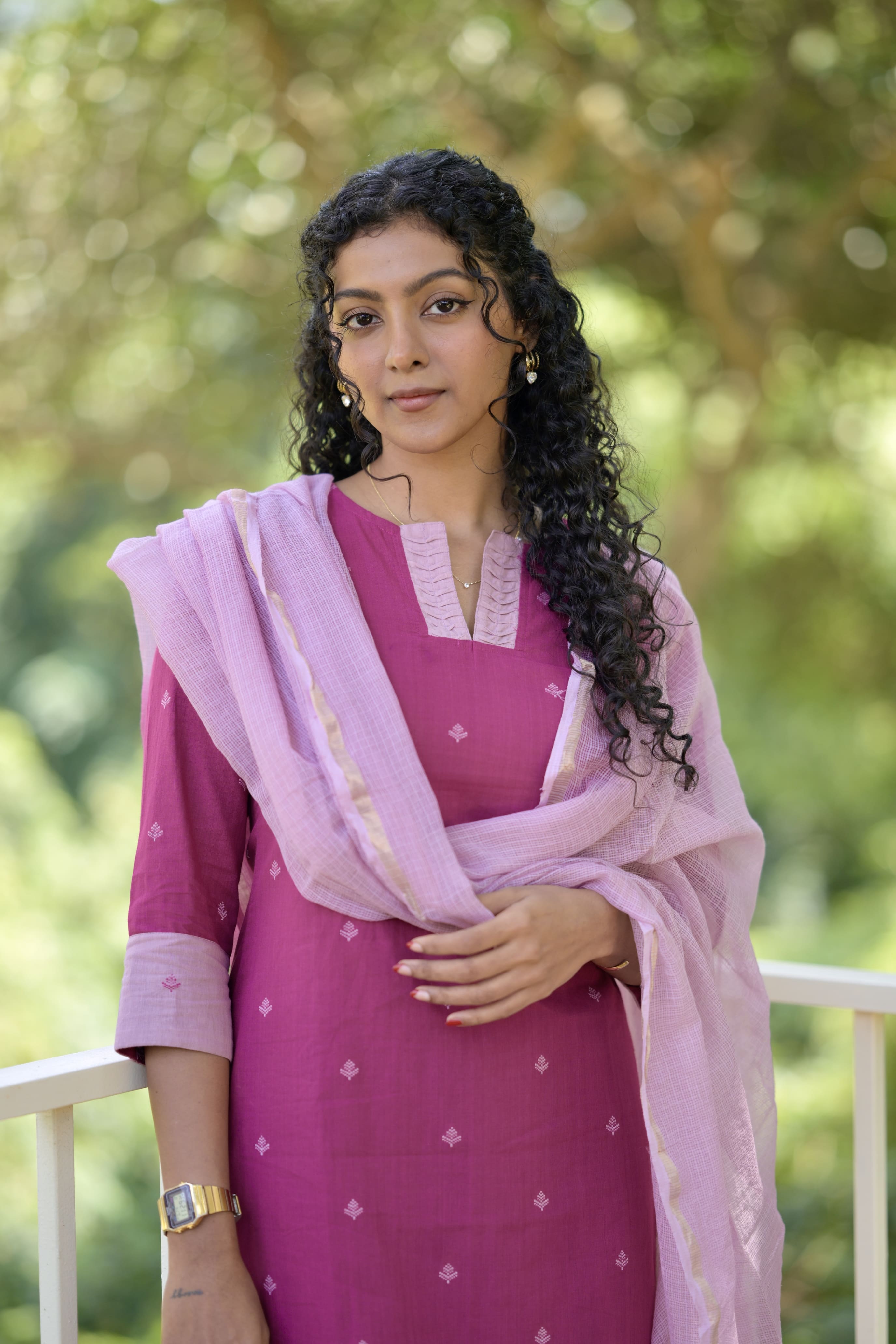 Vidya (magenta) - handloom cotton suit set with chiffon dupatta in magenta colour