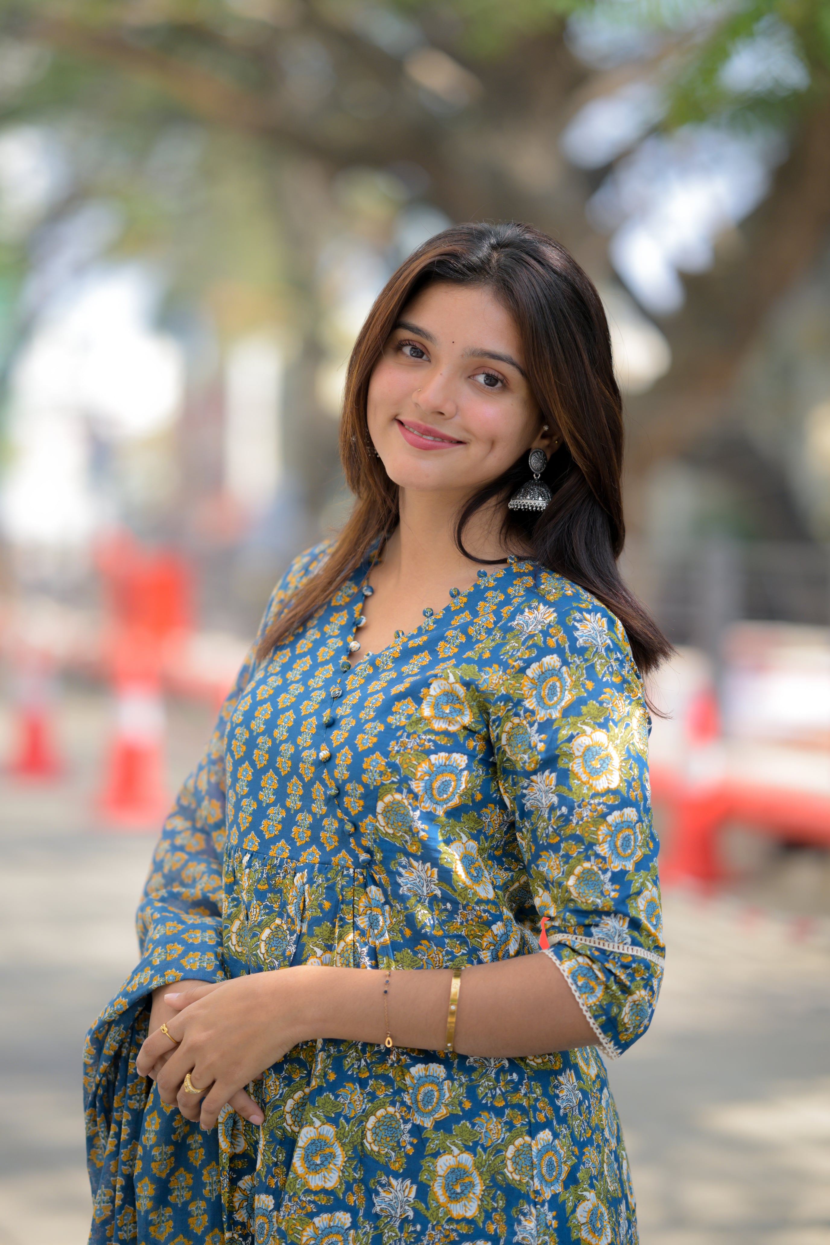 Pravalika - floral hand block printed anarkali suit set in blue