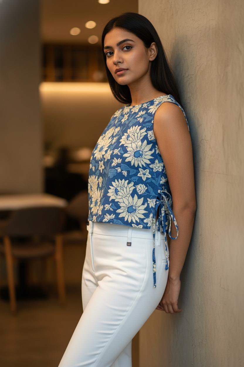 Crop top #10- floral printed organic top in navy blue