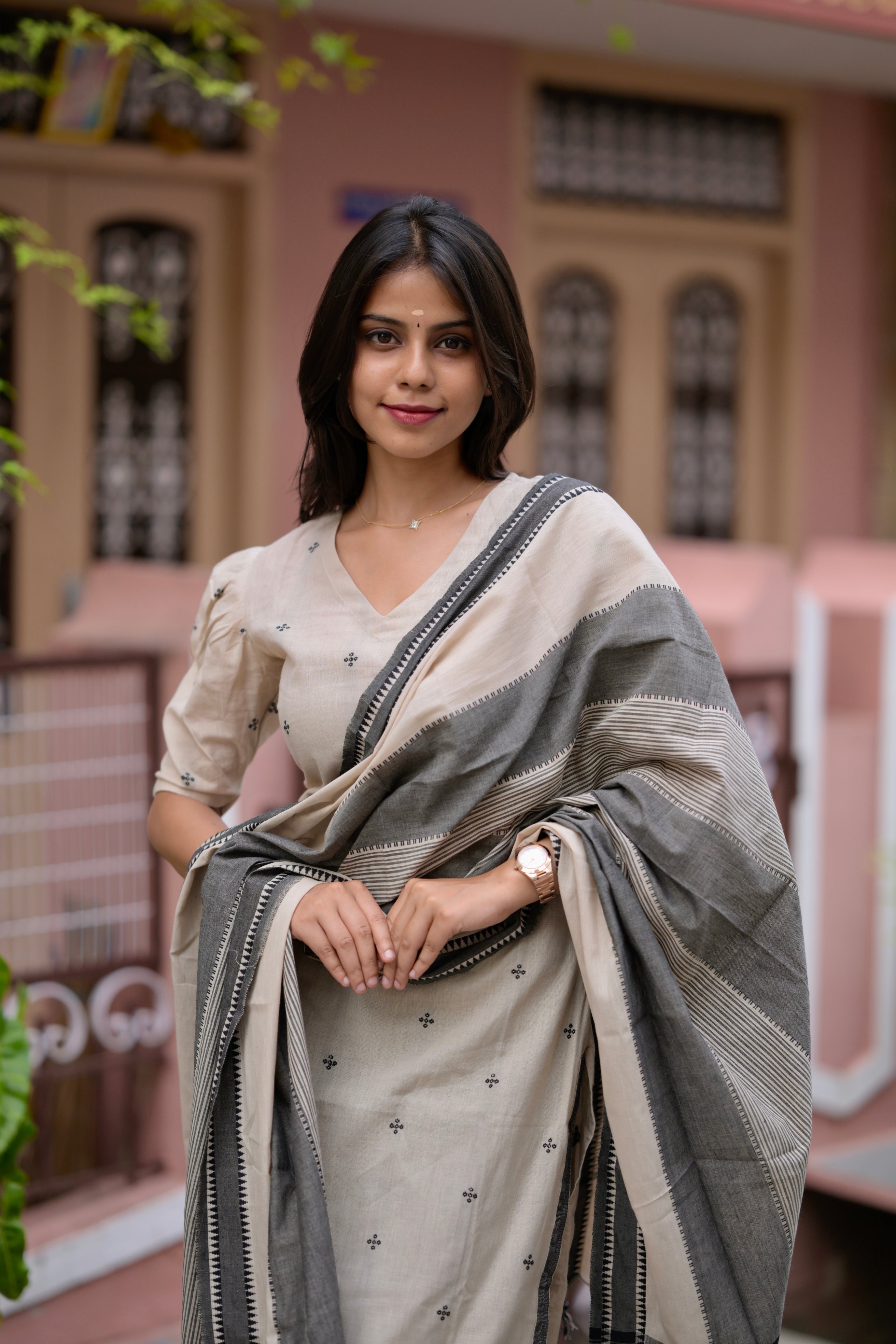 Yashasvi ( elephant grey) - handloom linen cotton suit set in cream and grey