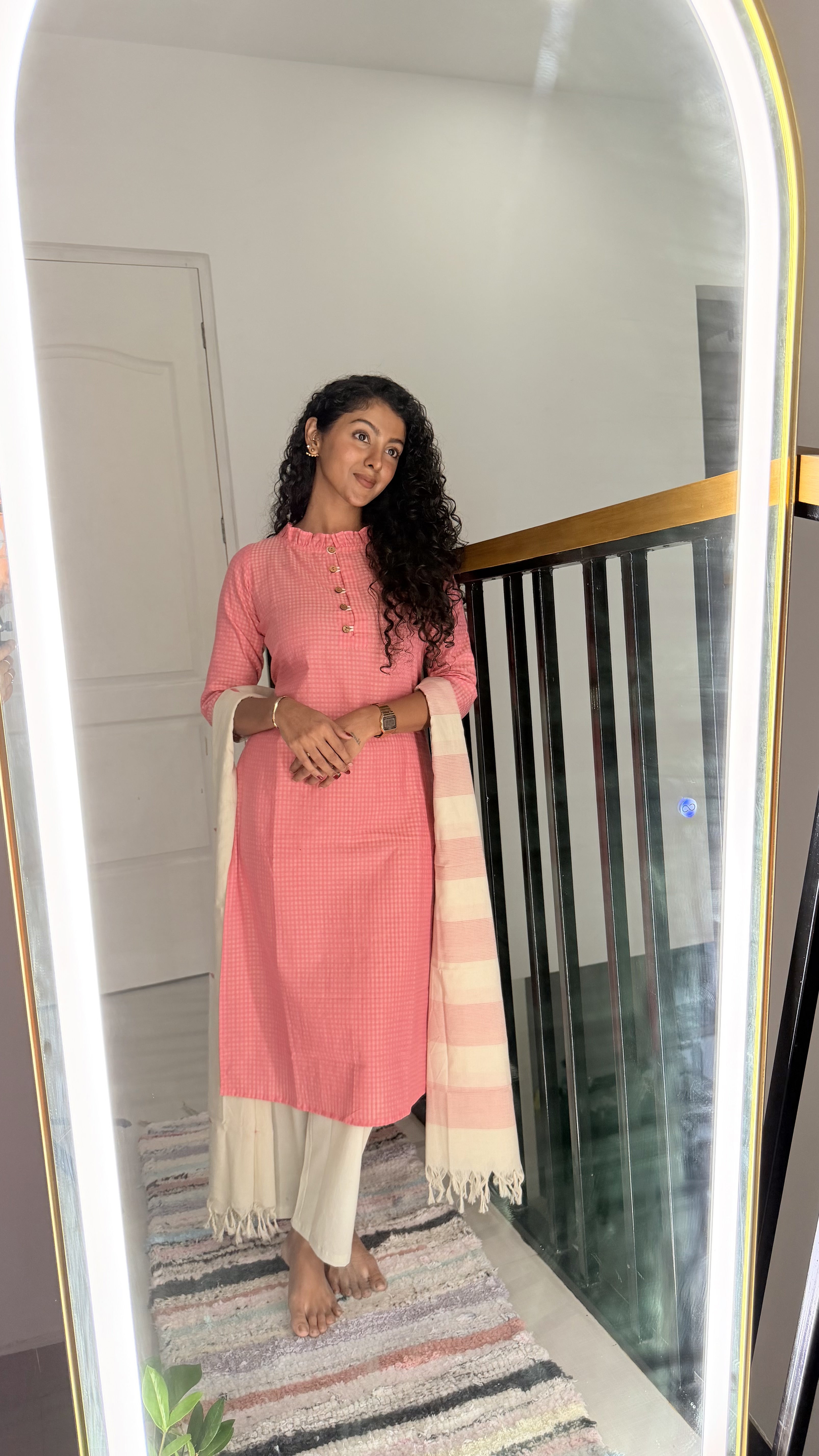 Nimisha ( pink) - checked handloom cotton suit set in pink