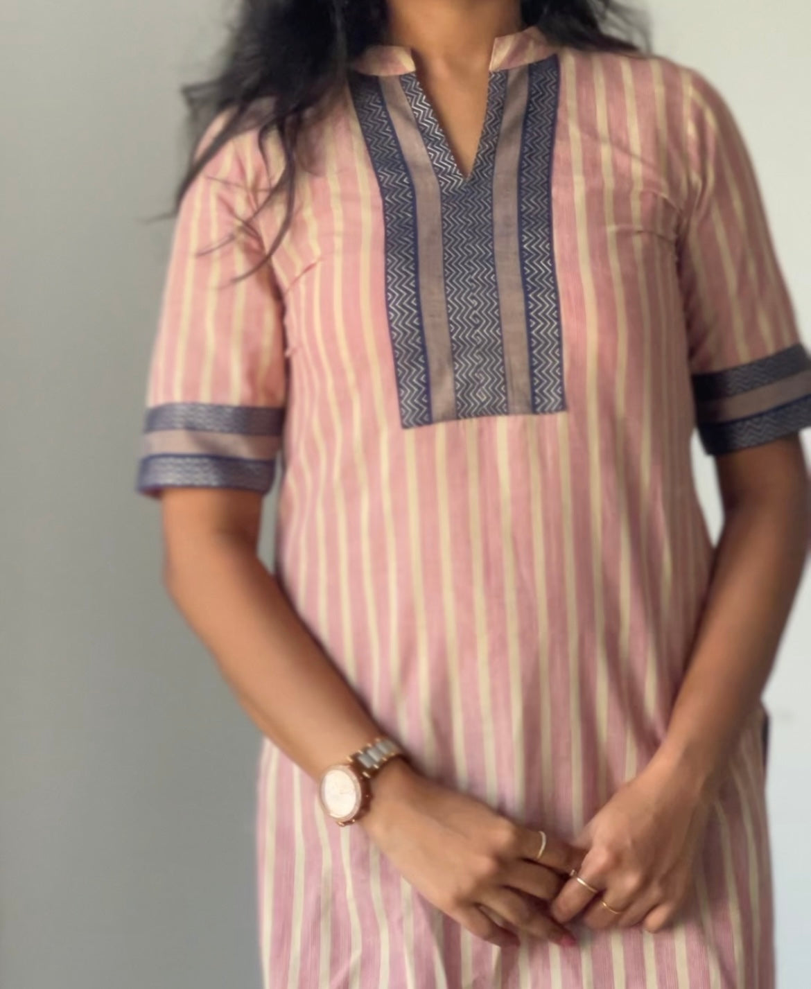 Nayanthara #12-handloom cotton kurti in pink and navy blue
