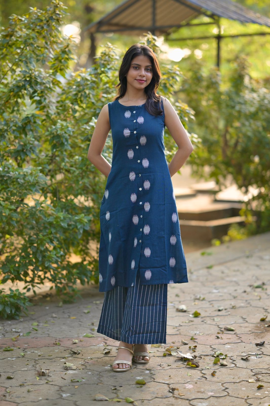 Neel Tara Coord Set - polka dot and stripes hand block printed coord set in blue