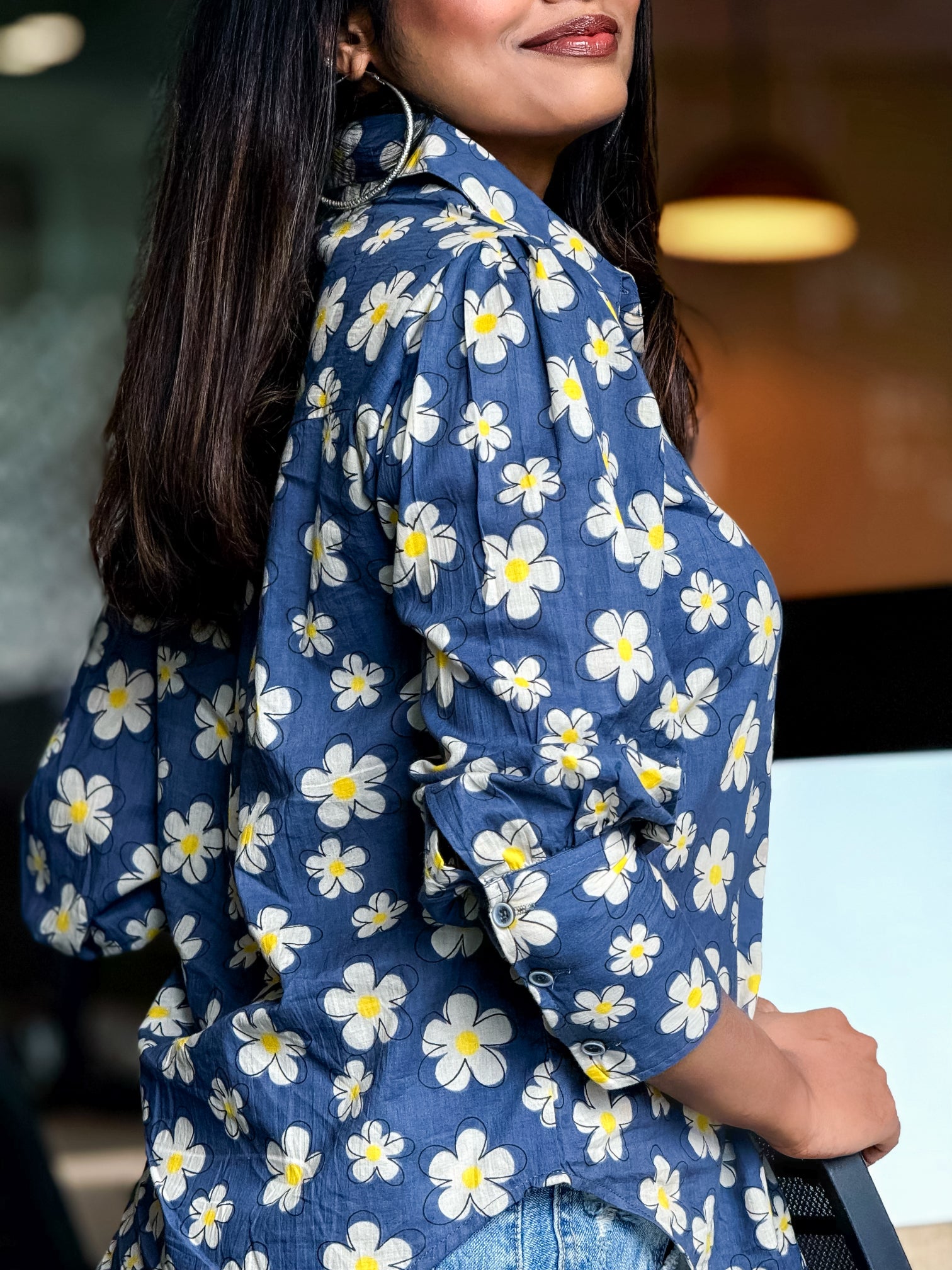 Women's shirt 7 - floral silhouette printed organic cotton shirt in grey colour