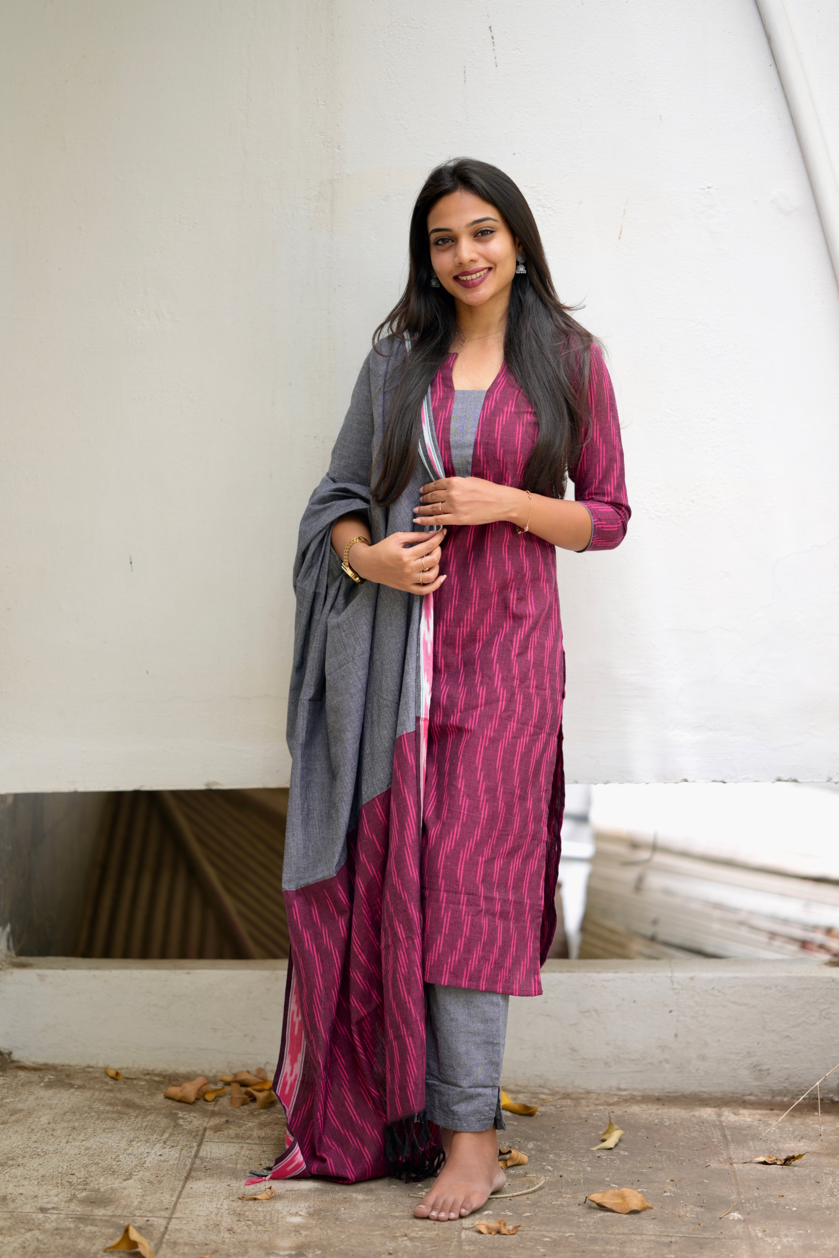 Tulsi(wine) -  pochampally ikkat handloom cotton suit set in wine
