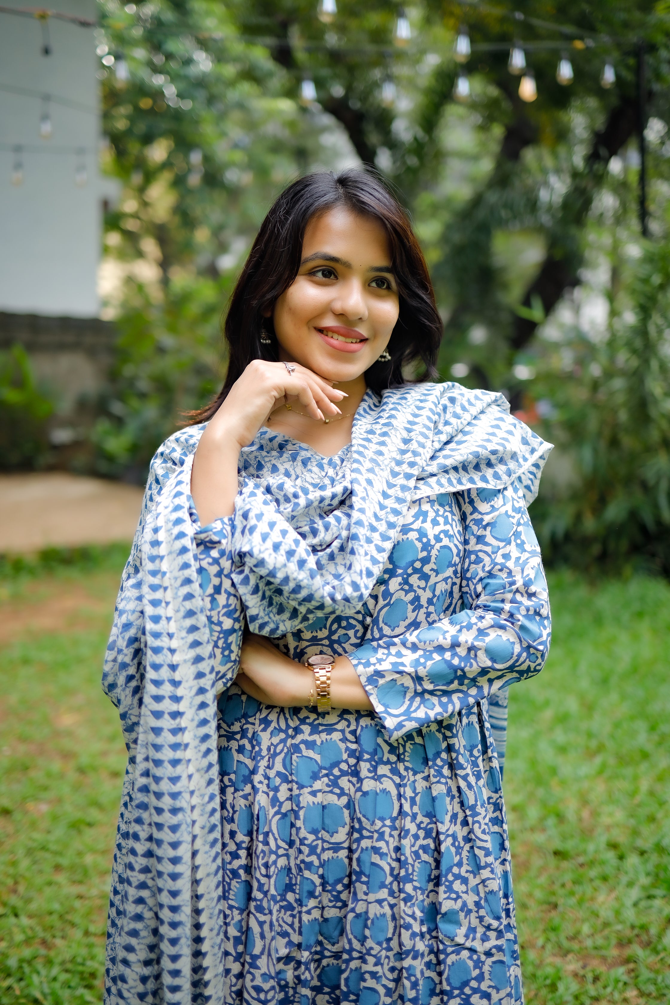 Neelaya - organic cotton anarkali suit set in white and blue