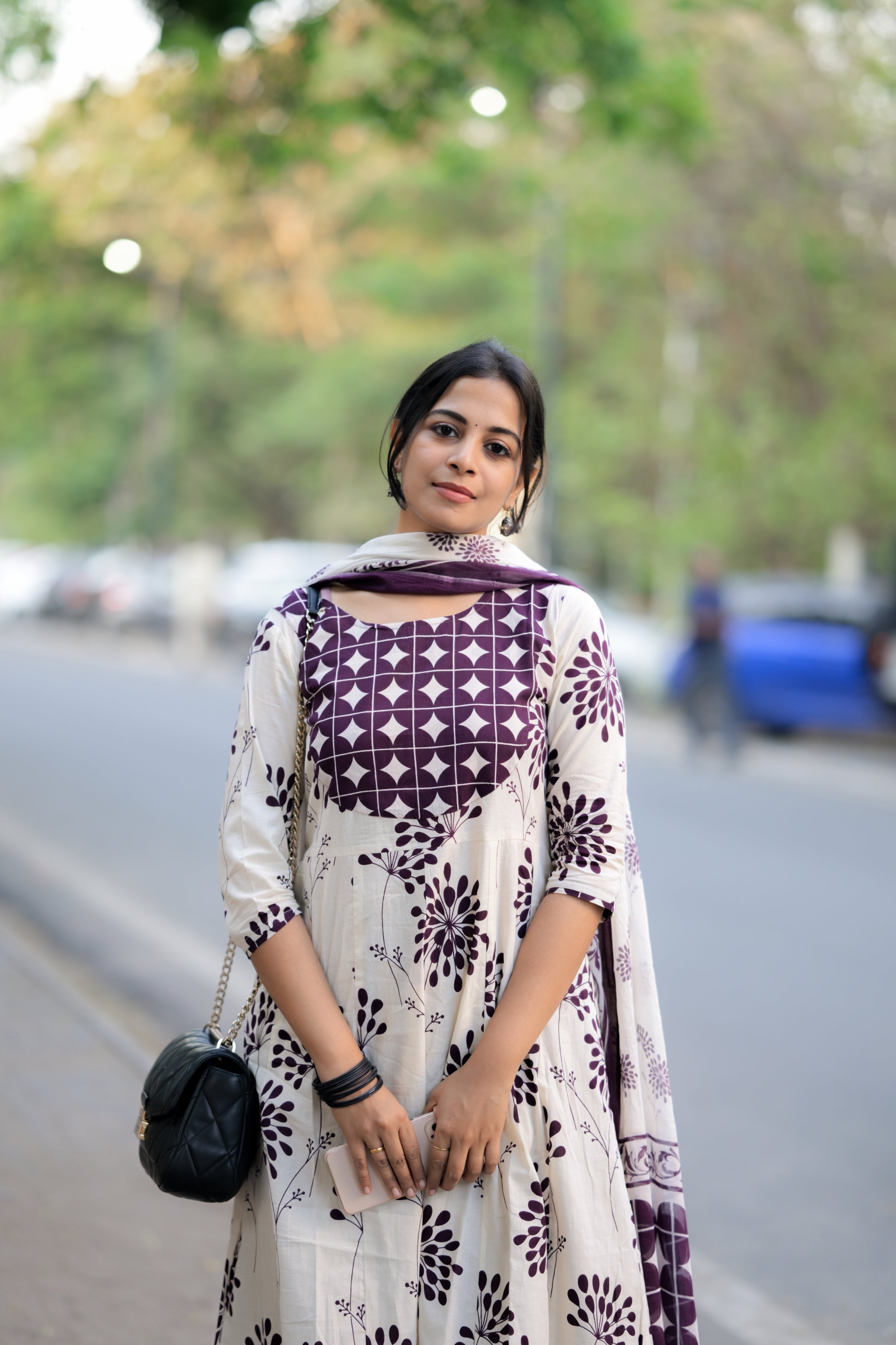 Sunainaa - handblock printed anarkali cotton suit set in white and purple colour