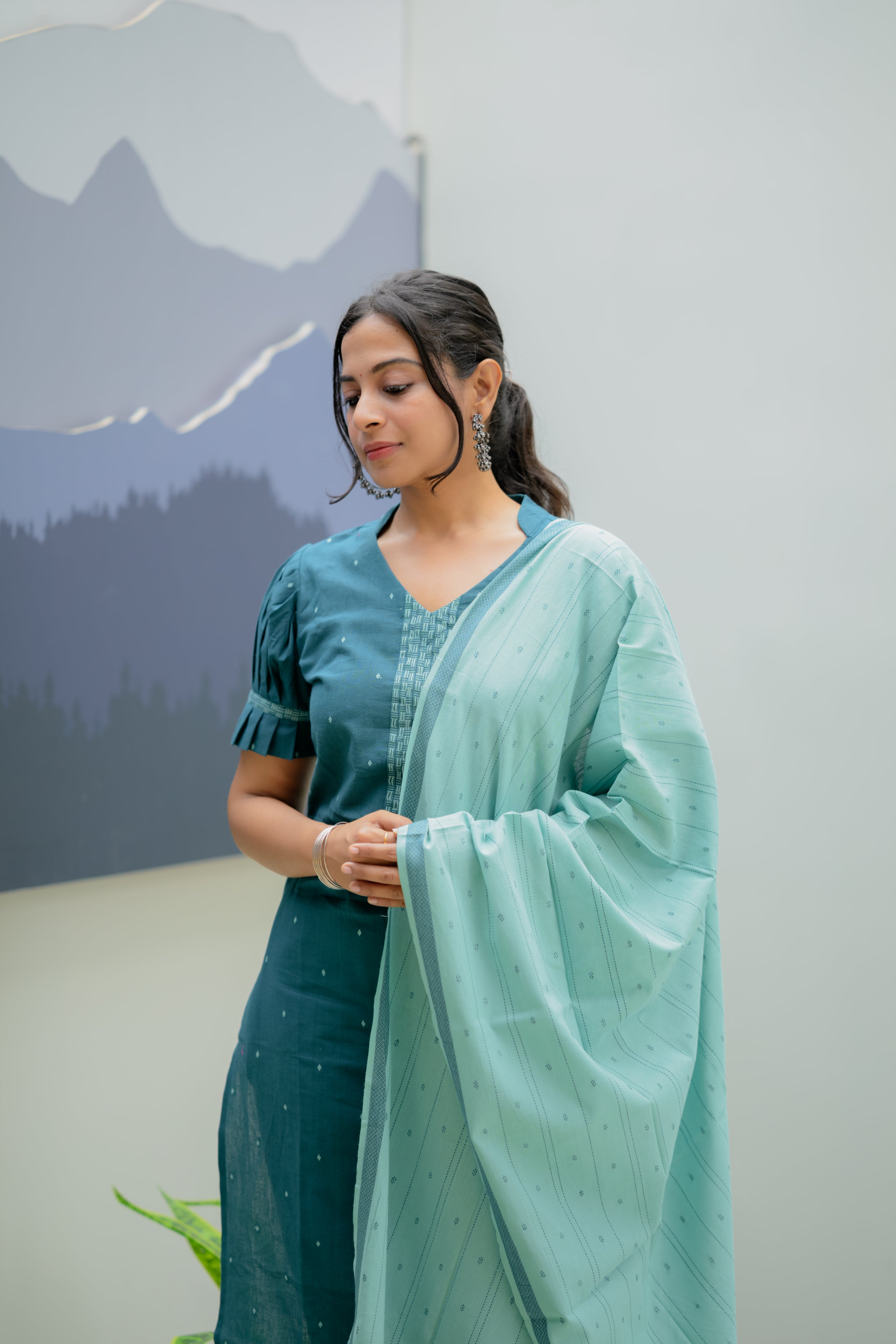 Snigdha ( teal blue ) - handloom cotton suit set in teal blue