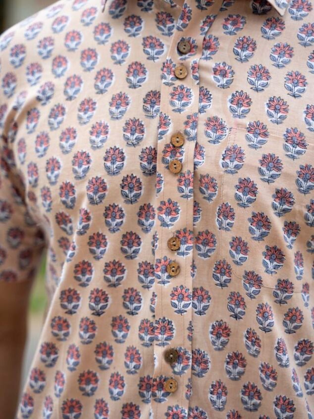 Blush peach floral shirt -  hand block floral printed cotton shirt in peach