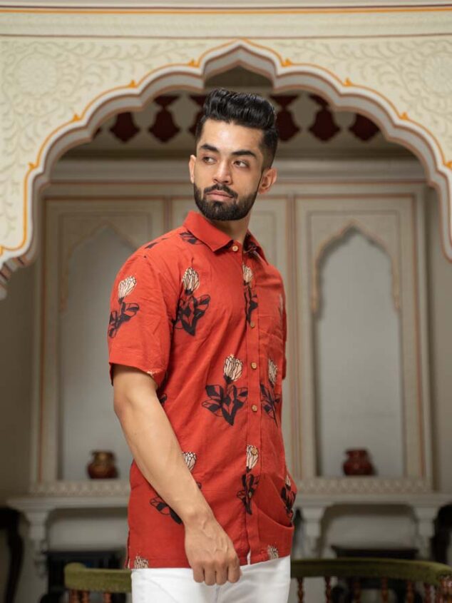 Red ajrakh floral shirt  - handblock floral printed organic cotton shirt in red