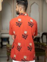 Red ajrakh floral shirt  - handblock floral printed organic cotton shirt in red
