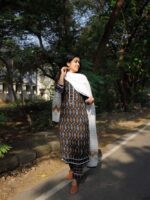 Black Hand – loom Cotton Ikkat Suit Set- Handloom  Ikkat top with Handloom striped cotton  pants with matching dupatta