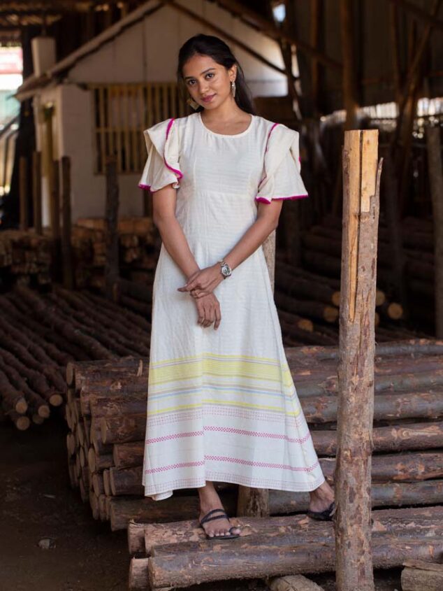 Diana - handloom cotton with hand embroidered with multi colour gown in pearl white