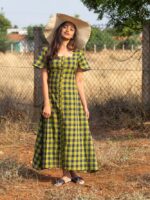 Amy - denim cotton gown in green and blue