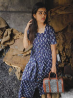 Dhanshika - Handblock printed motifs slit cotton dress in blue