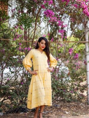 Zariah - handloom cotton with handwoven dori detaling A line dress in yellow