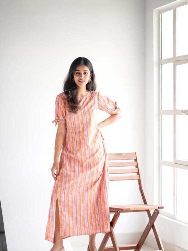 Esther - handloom cotton in multicolour striped pink dress