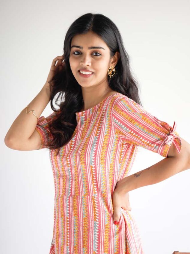 Esther - handloom cotton in multicolour striped pink dress